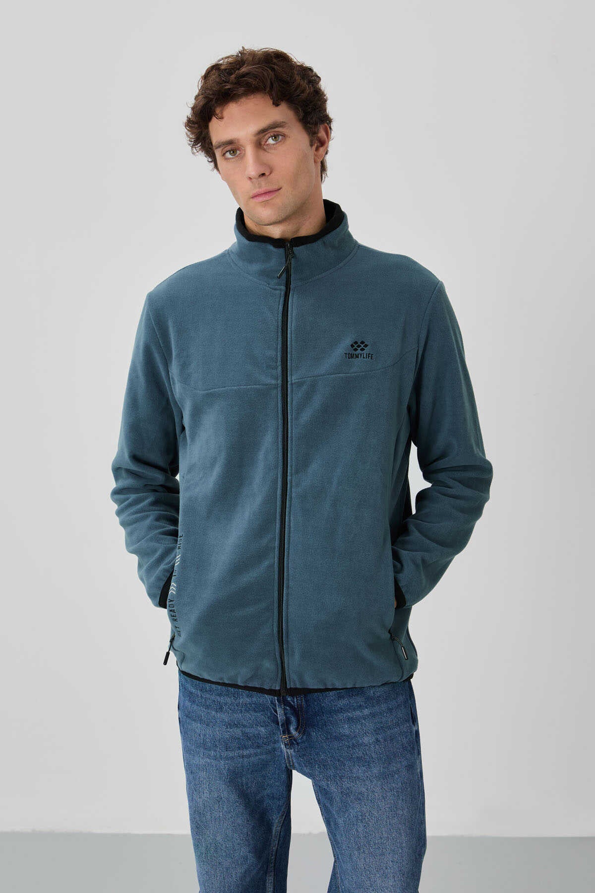 Tommylife Toptan Dik Yaka Standart Kalıp Fermuarlı Erkek Polar Sweatshirt 87992 Siyah
