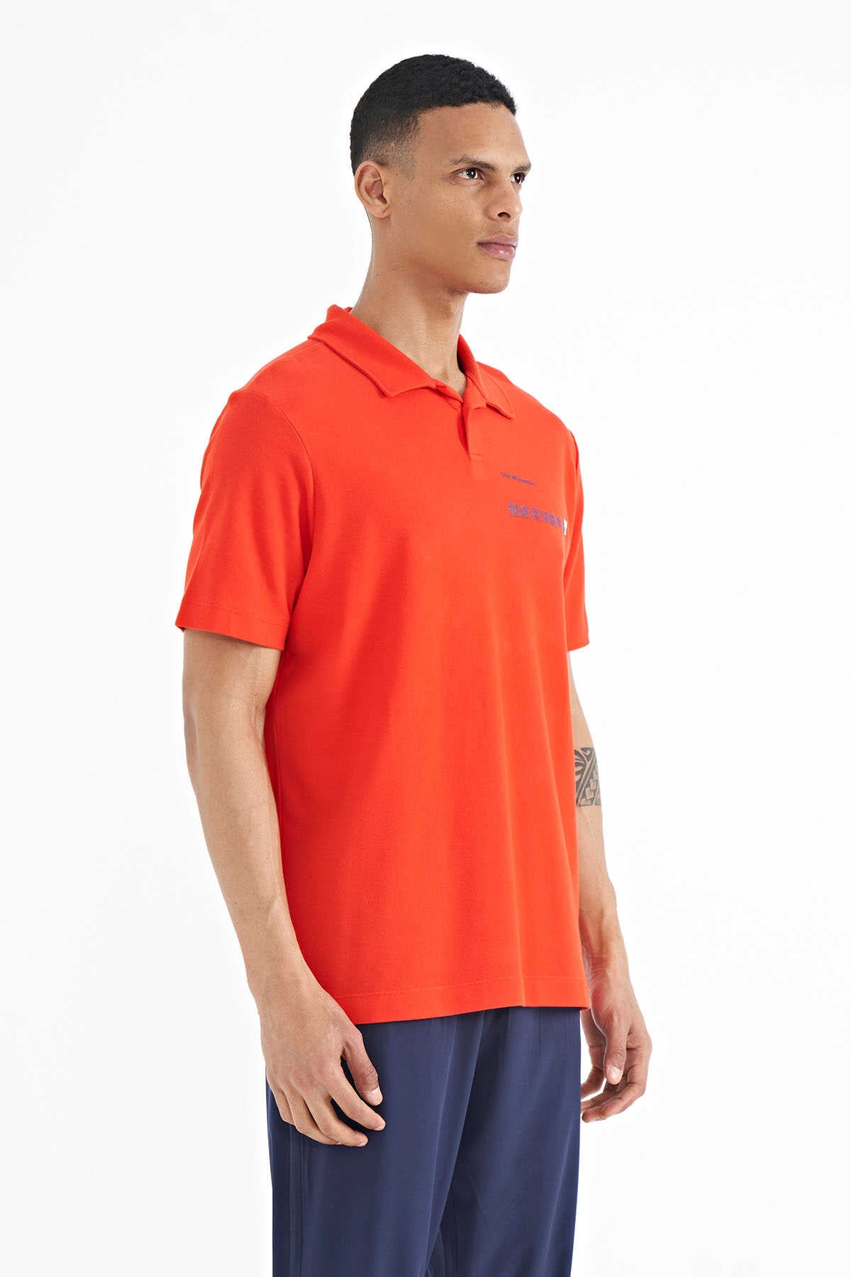 Tommylife Wholesale Navy Blue Letter Print Standard Fit Polo Collar Men's T-Shirt - 88236