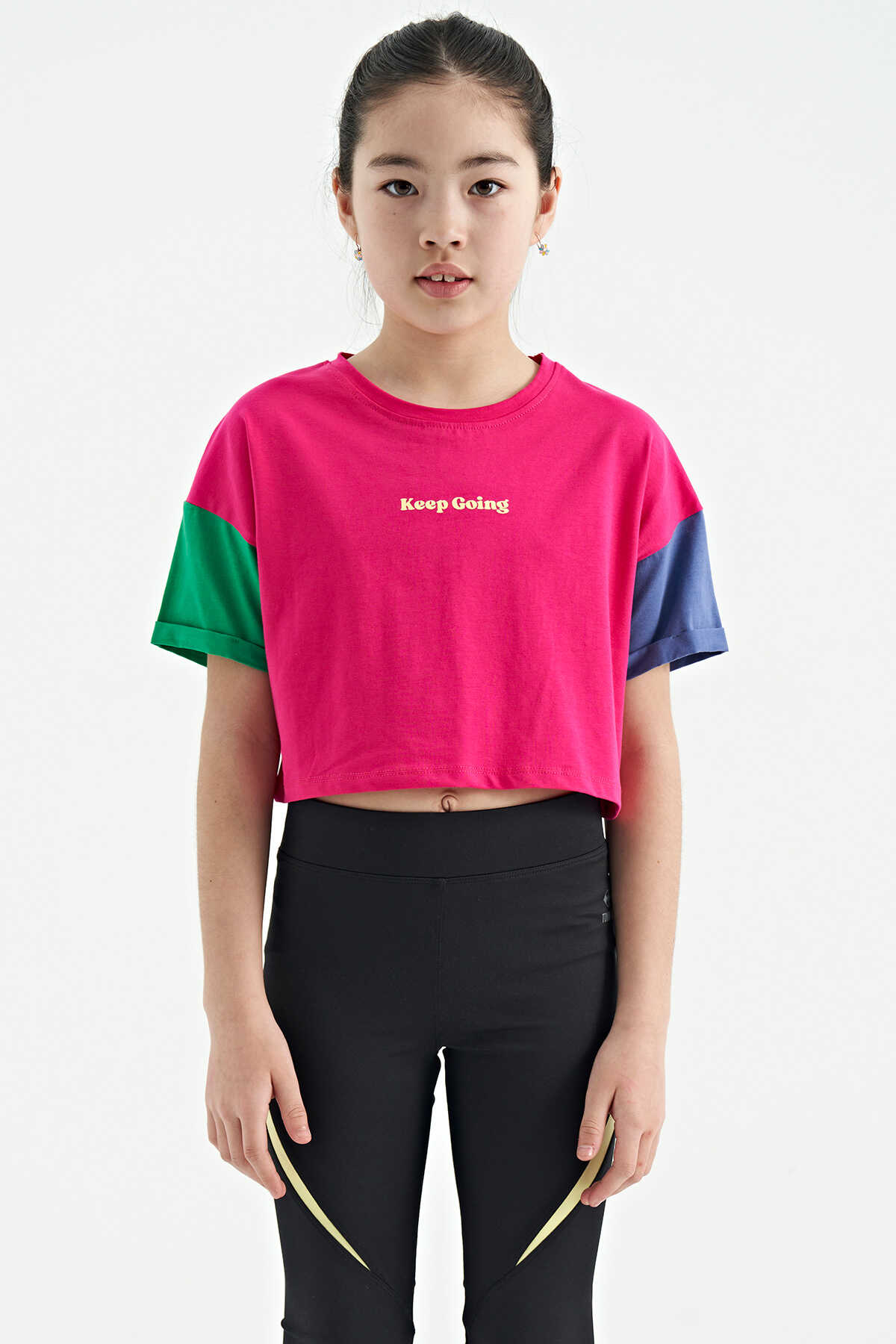 Tommylife Toptan Siyah Yazı Baskılı O Yaka Düşük Omuzlu Oversize Kız Çocuk T-Shirt - 75130