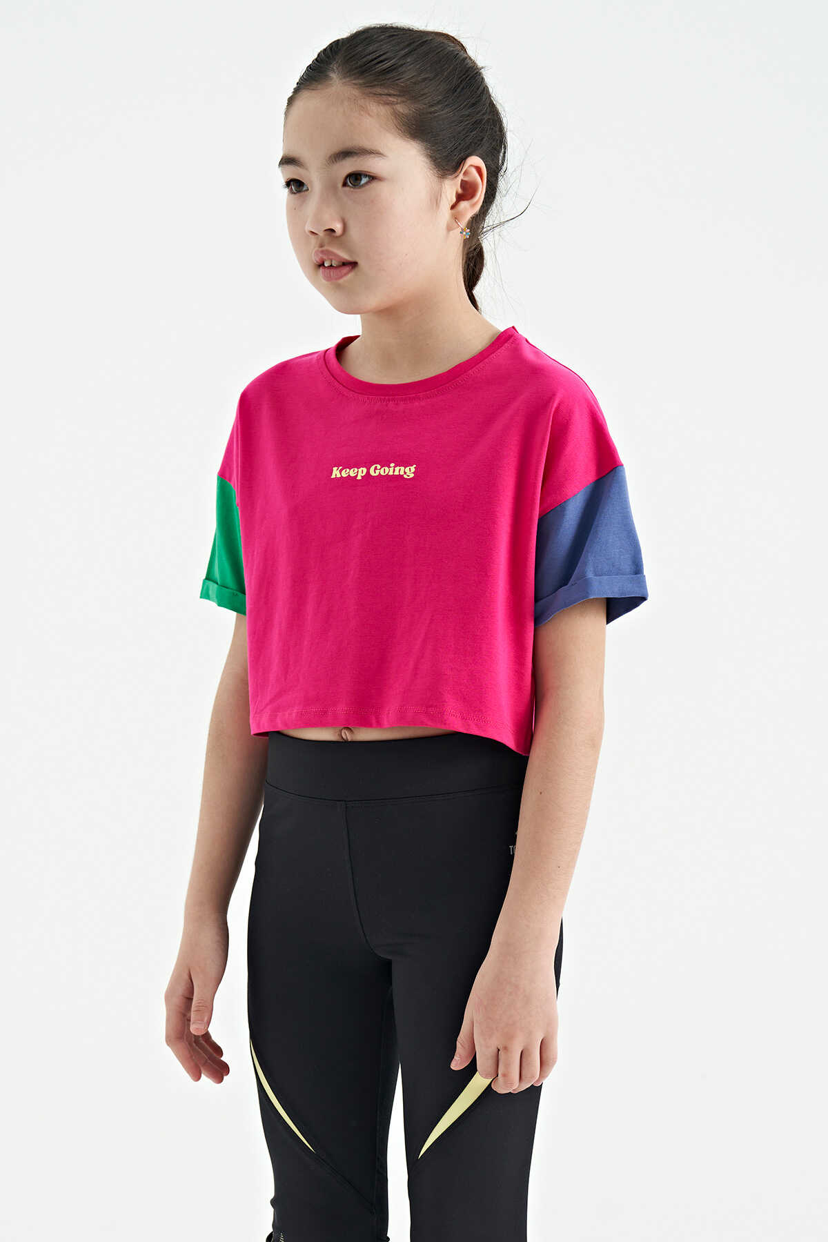Tommylife Toptan Siyah Yazı Baskılı O Yaka Düşük Omuzlu Oversize Kız Çocuk T-Shirt - 75130