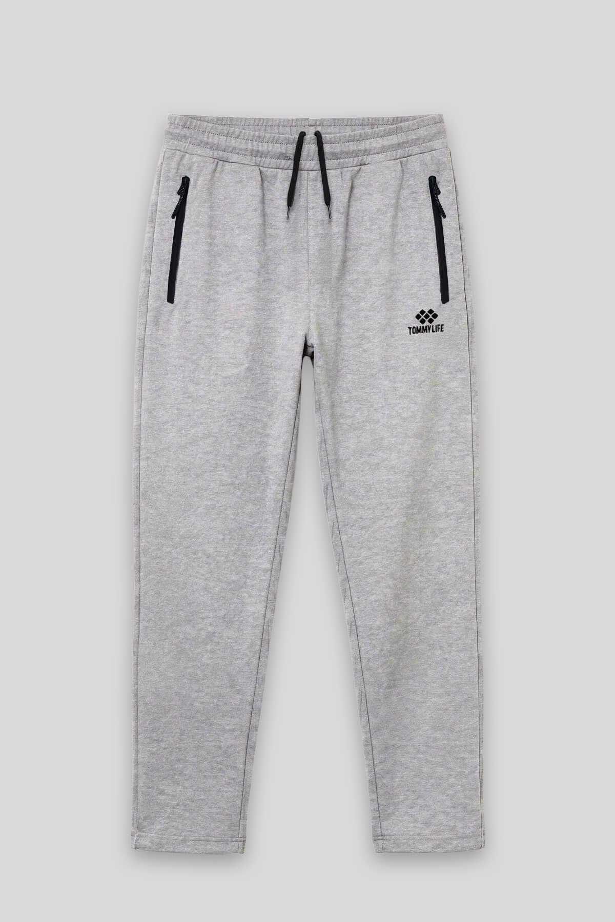 Tommylife Toptan Siyah Basic Belden Bağcıklı Klasik Paça Erkek Büyük Beden Eşofman Alt - 84844