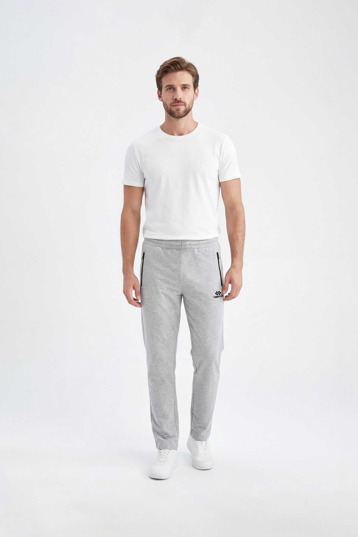 Tommylife Toptan Siyah Basic Fermuar Cepli Klasik Paça Büyük Beden Erkek Eşofman Alt - 84508