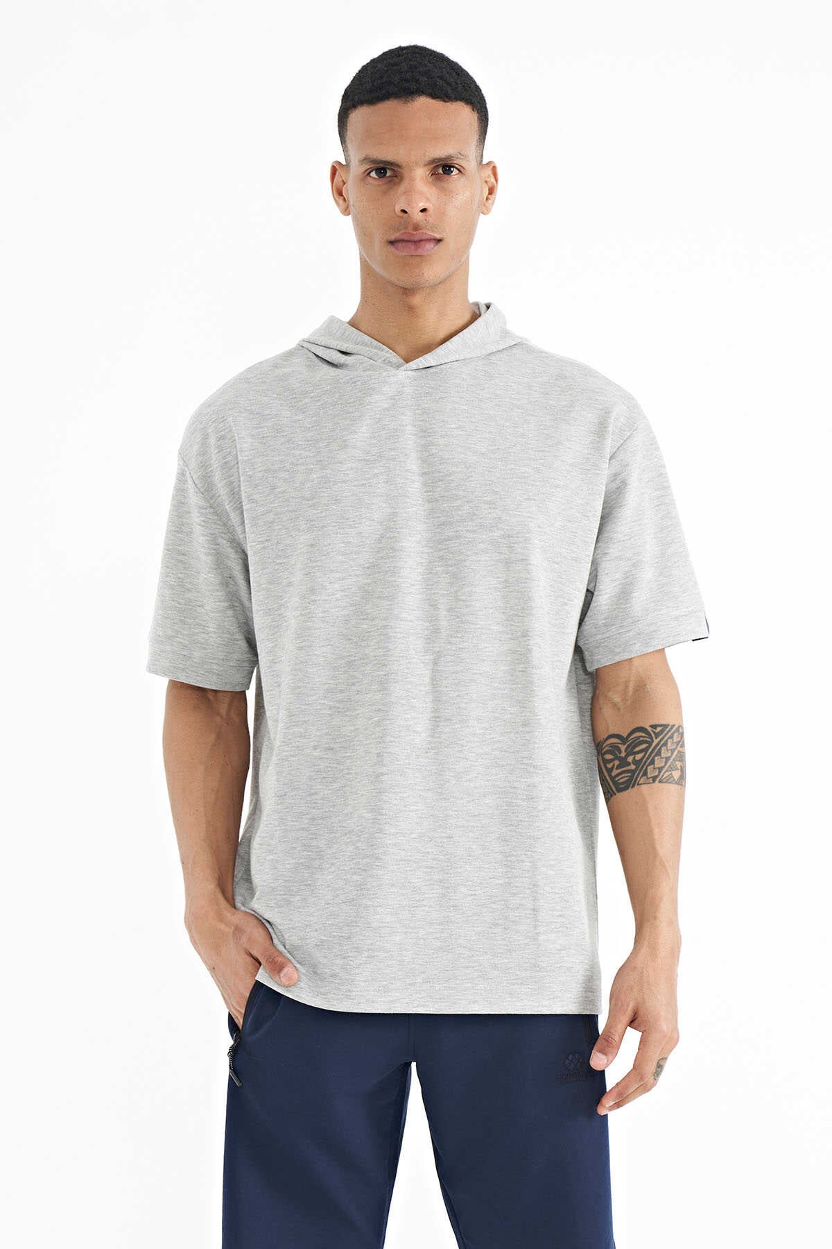 Tommylife Toptan Lacivert Kapüşonlu Kol Etiket Detaylı Oversize Erkek T-Shirt - 88179