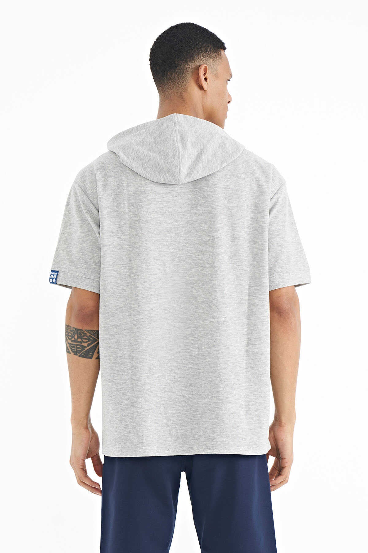 Tommylife Toptan Lacivert Kapüşonlu Kol Etiket Detaylı Oversize Erkek T-Shirt - 88179