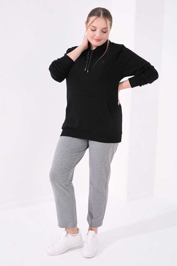 Tommylife Wholesale Gray Mélange Classic Leg Stone Detailed Women's Plus Size Sweatpants - 94040