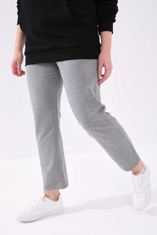 Tommylife Wholesale Gray Mélange Classic Leg Stone Detailed Women's Plus Size Sweatpants - 94040