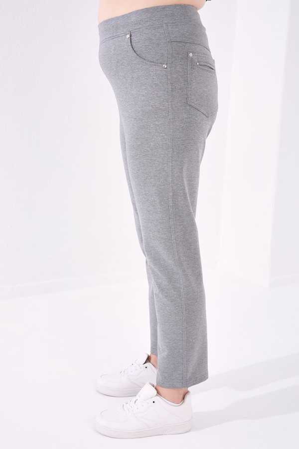 Tommylife Wholesale Gray Mélange Classic Leg Stone Detailed Women's Plus Size Sweatpants - 94040