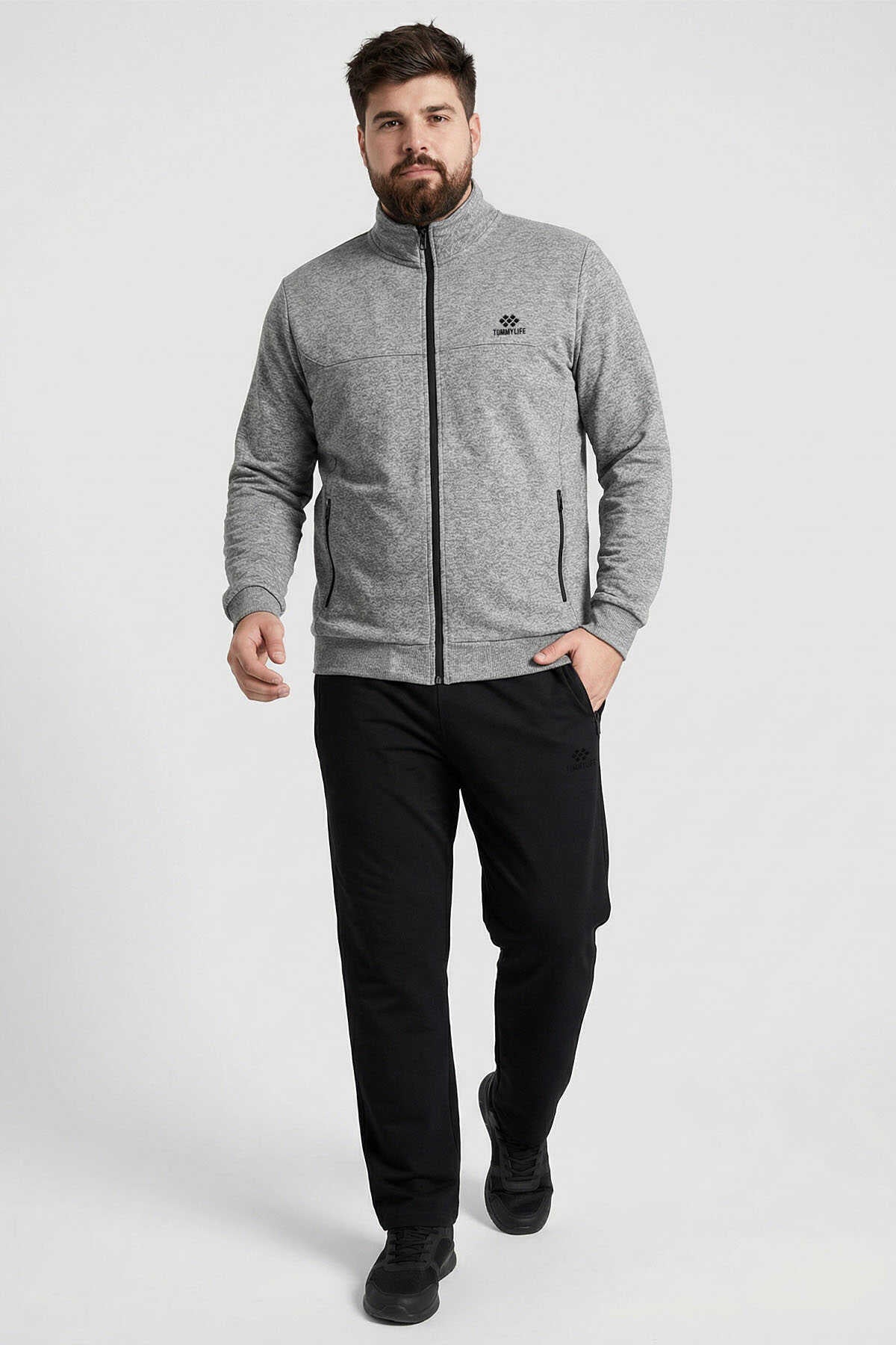 Tommylife Wholesale Gray Mélange - Black Stand-Up Collar Classic Leg Plus Size Men's Tracksuit Set - 85176