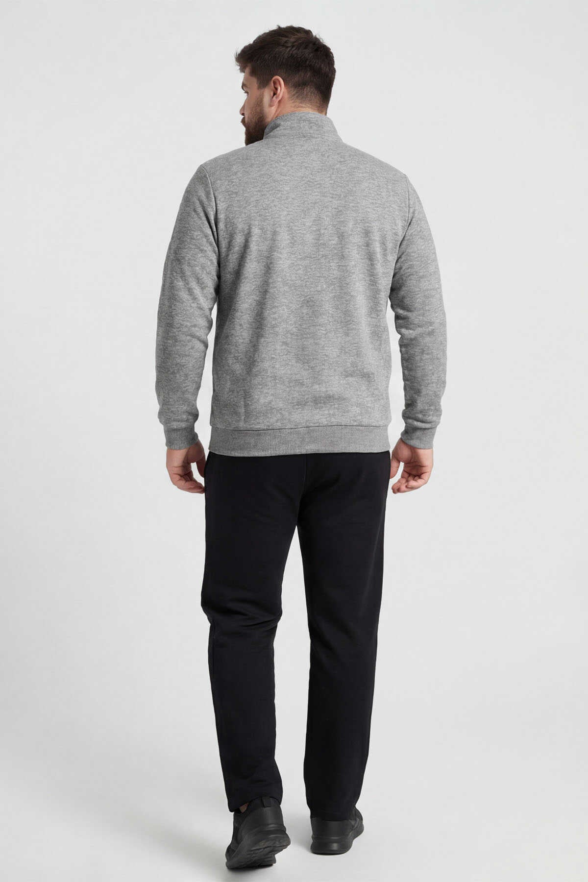 Tommylife Wholesale Gray Mélange - Black Stand-Up Collar Classic Leg Plus Size Men's Tracksuit Set - 85176