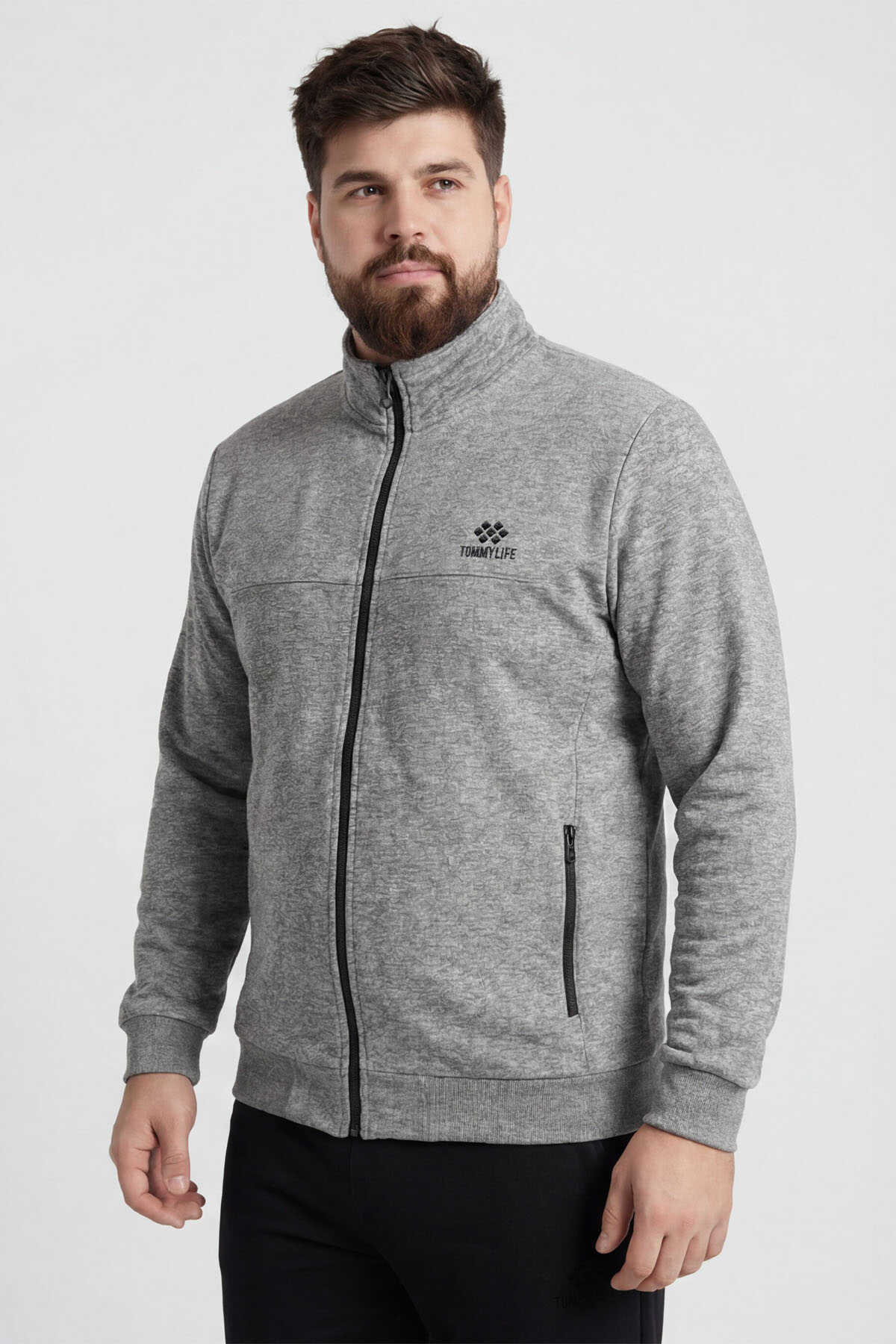Tommylife Wholesale Gray Mélange - Black Stand-Up Collar Classic Leg Plus Size Men's Tracksuit Set - 85176