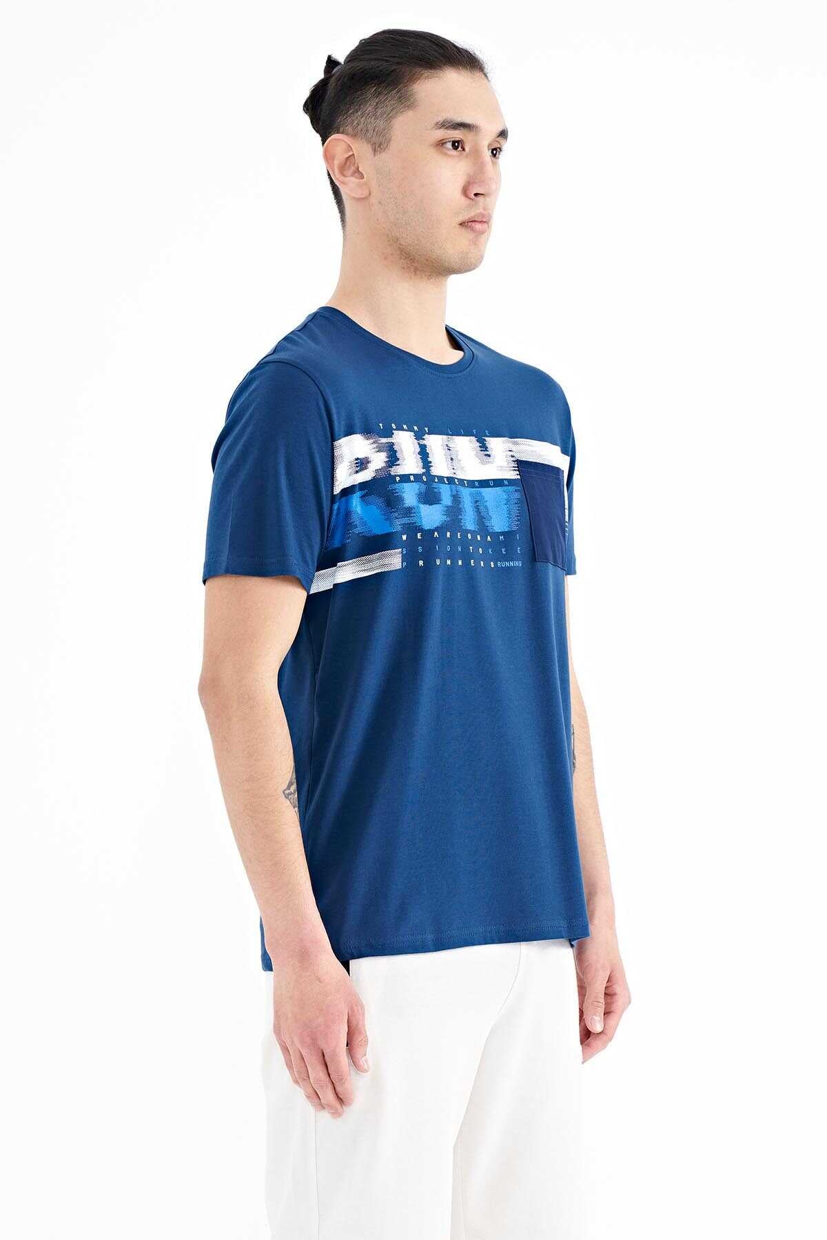 Tommylife Wholesale Navy Blue Printed Standard Fit Men's T-Shirt with Front Pocket Detail - 88200