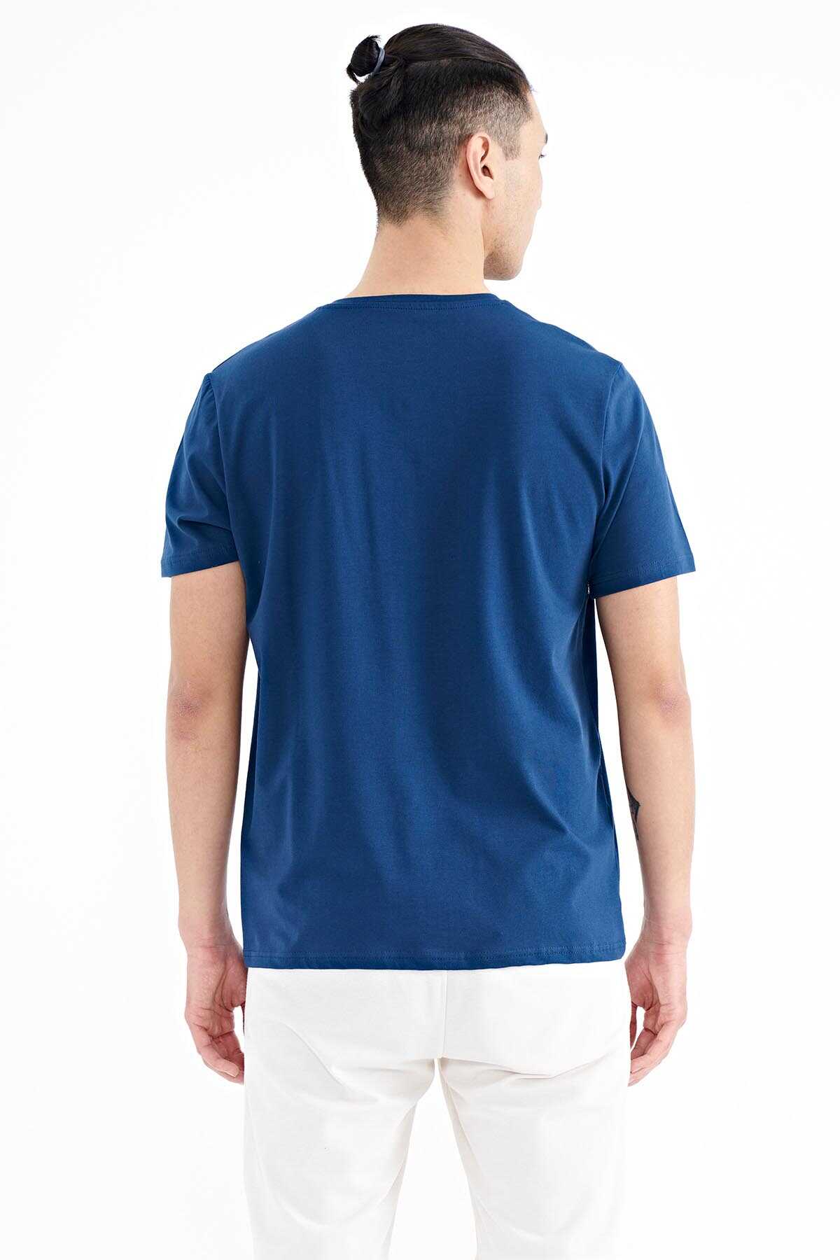 Tommylife Wholesale Navy Blue Printed Standard Fit Men's T-Shirt with Front Pocket Detail - 88200