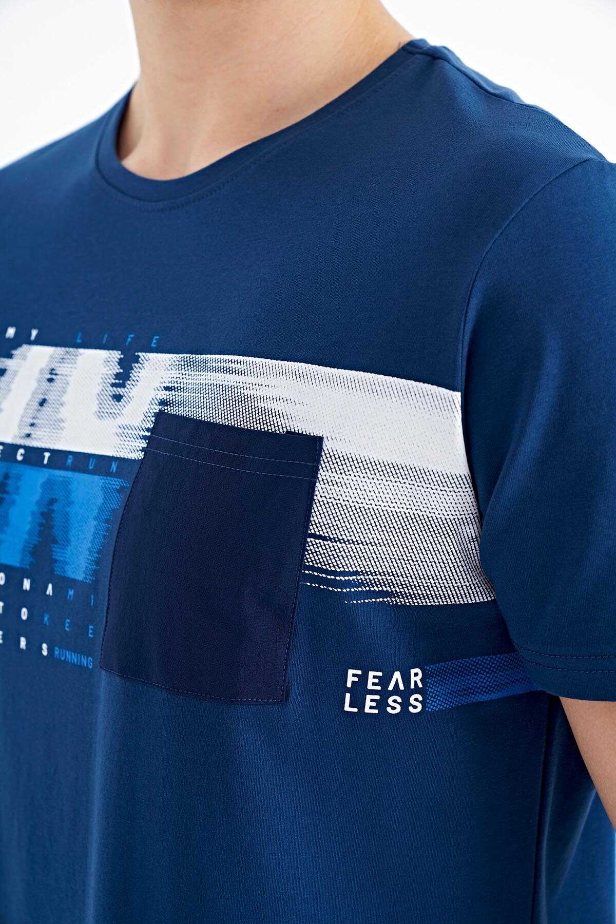 Tommylife Wholesale Navy Blue Printed Standard Fit Men's T-Shirt with Front Pocket Detail - 88200