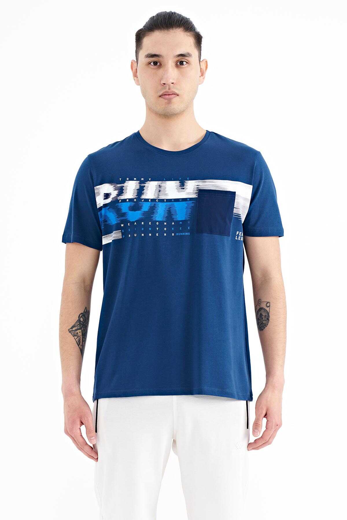 Tommylife Wholesale Navy Blue Printed Standard Fit Men's T-Shirt with Front Pocket Detail - 88200