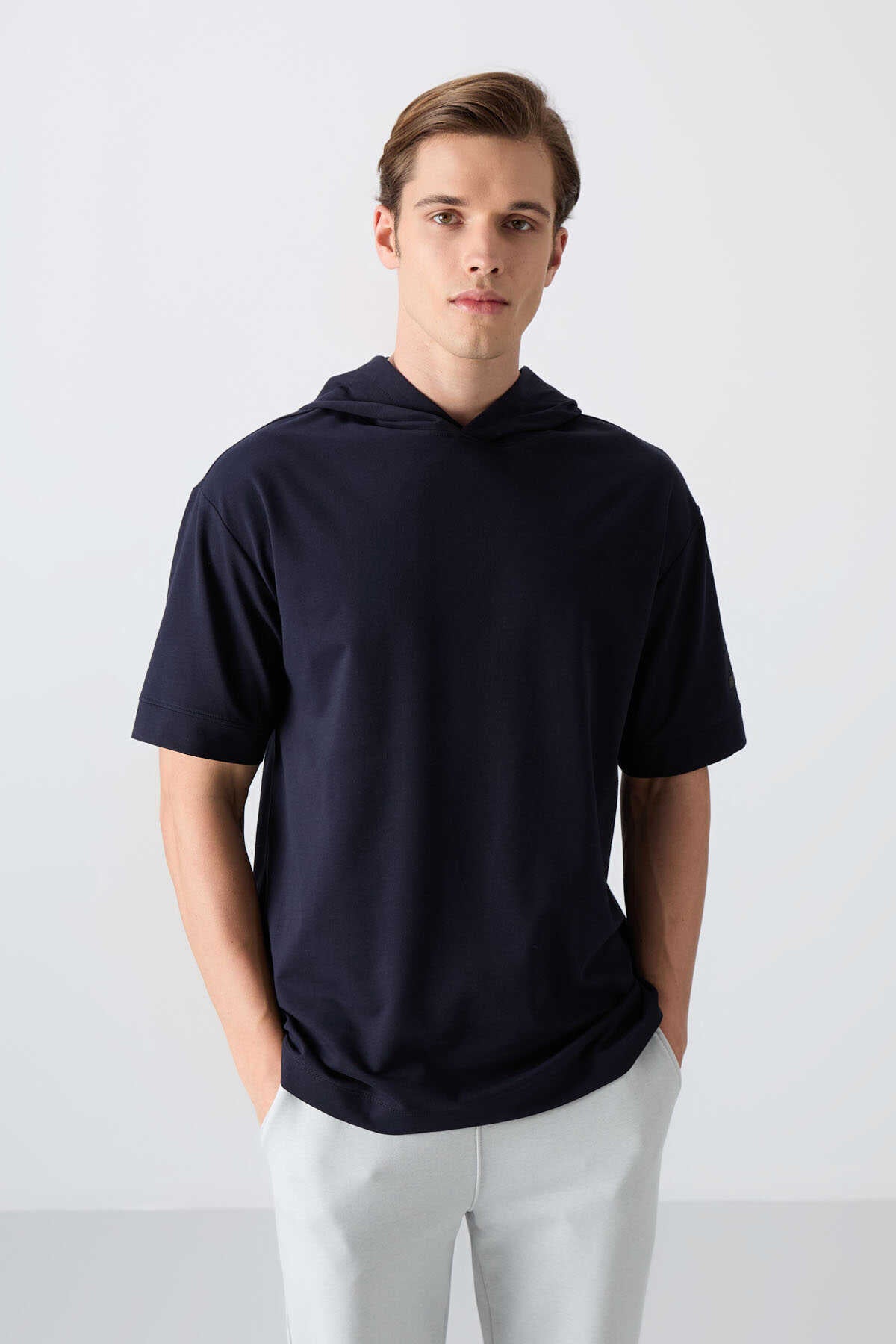 Tommylife Wholesale Hooded Oversized Basic Men's T-Shirt 88352 Navy Blue