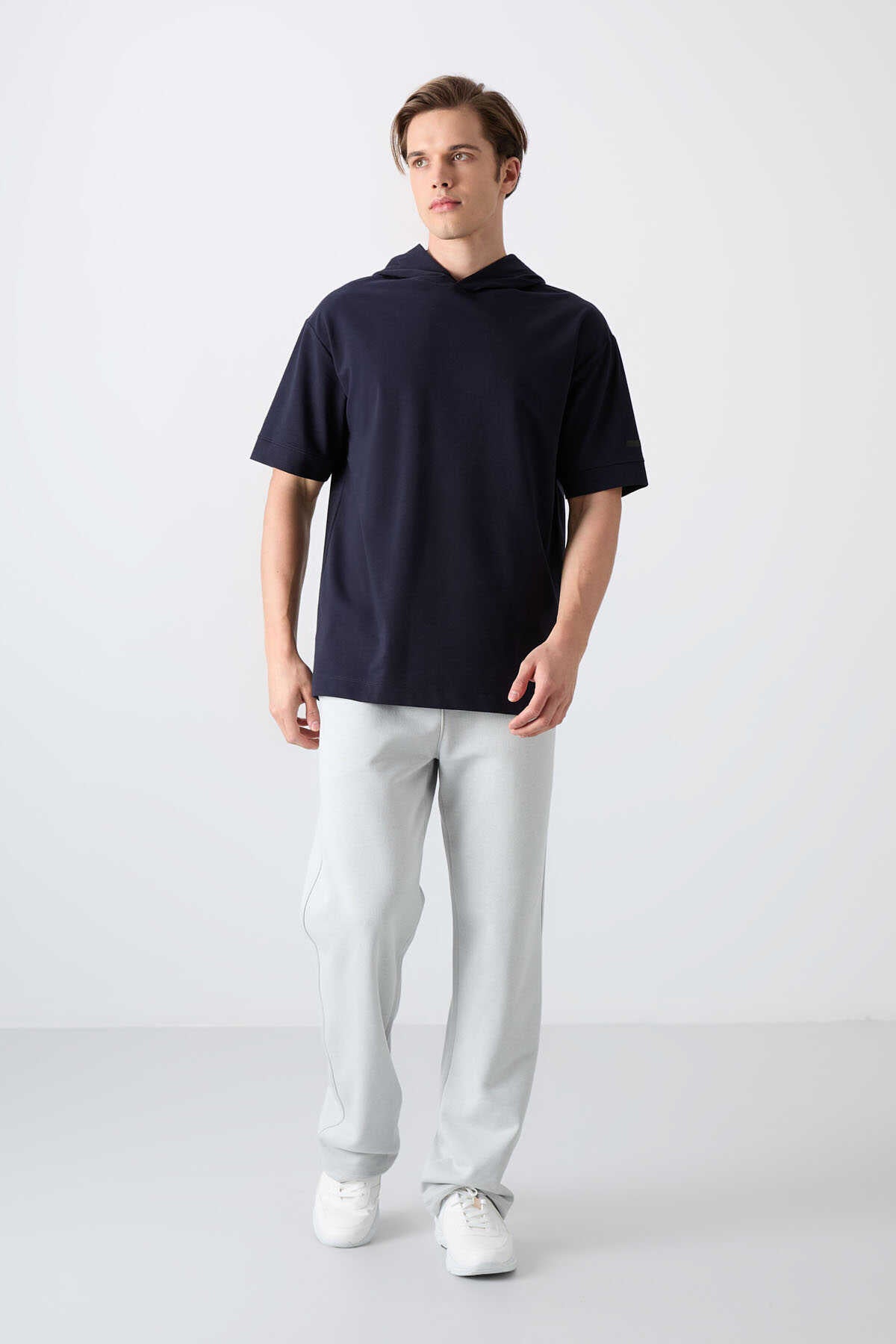 Tommylife Wholesale Hooded Oversized Basic Men's T-Shirt 88352 Navy Blue