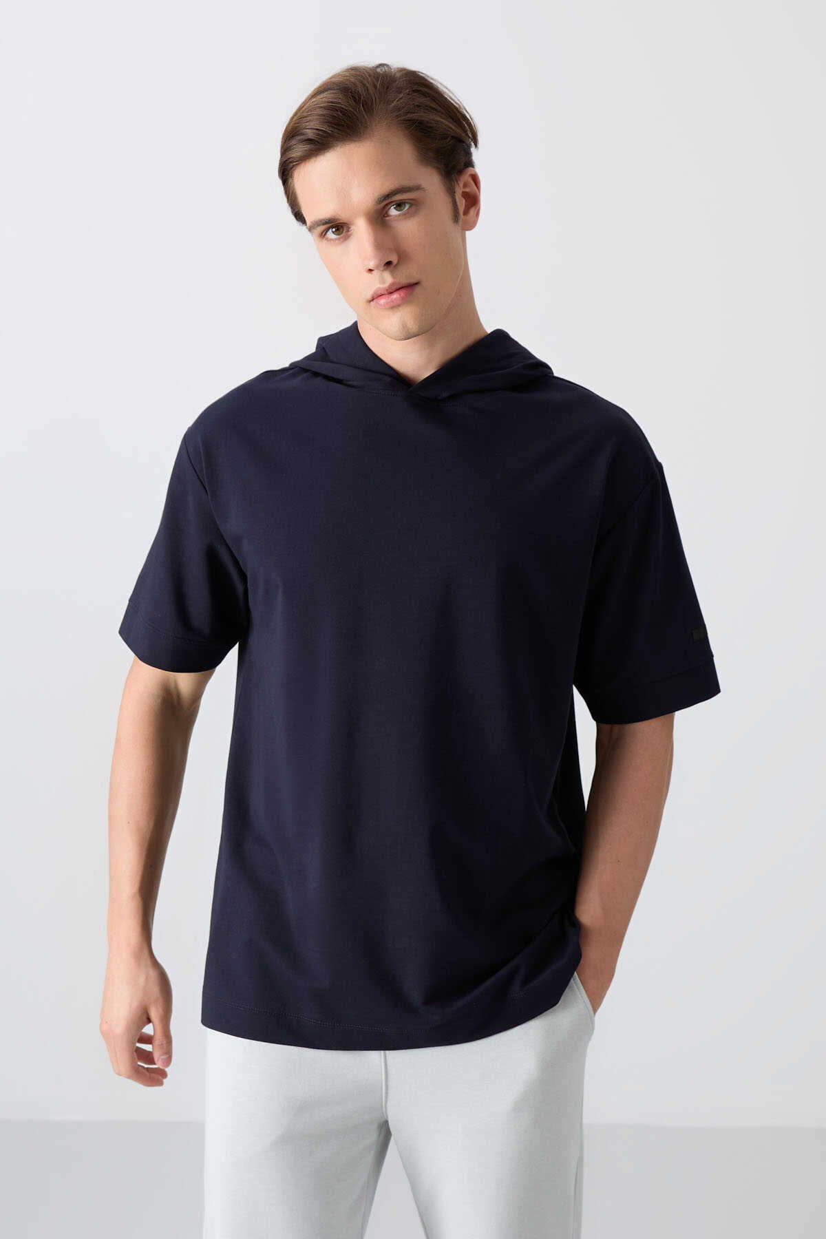 Tommylife Wholesale Hooded Oversized Basic Men's T-Shirt 88352 Navy Blue
