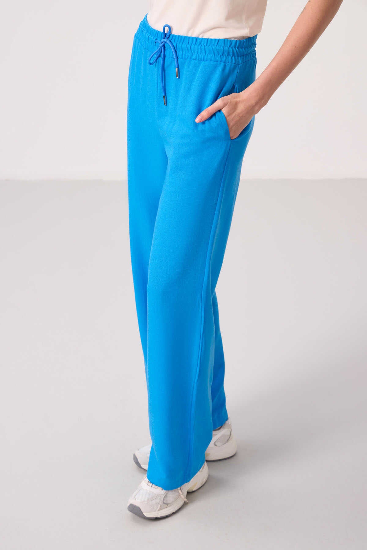 Tommylife Wholesale Linen Wide Leg Comfortable Fit Women's Palazzo Pants - 94675 Blue
