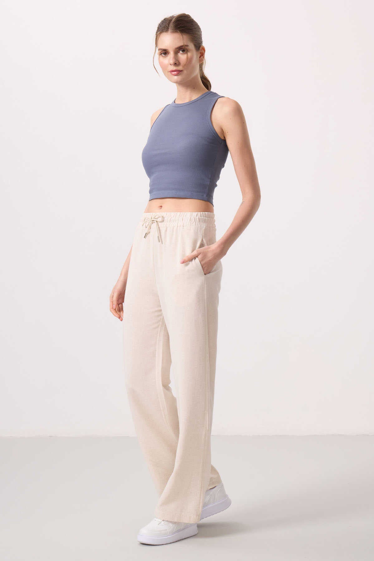 Tommylife Wholesale Linen Wide Leg Comfortable Fit Women's Palazzo Pants - 94675 Blue