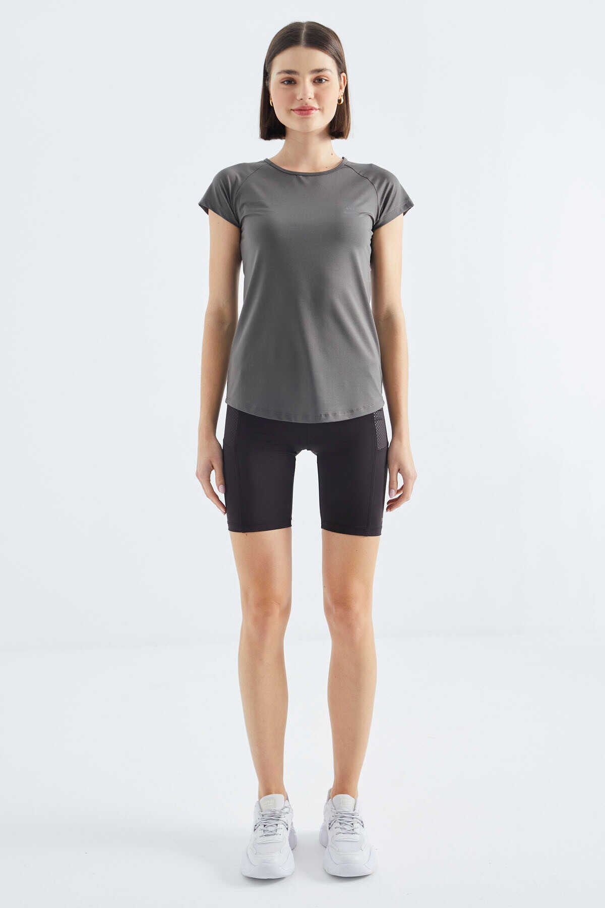 Tommylife Wholesale Dark Gray Short Sleeve Standard Fit Crew Neck Women's T-Shirt with Back Window - 97101