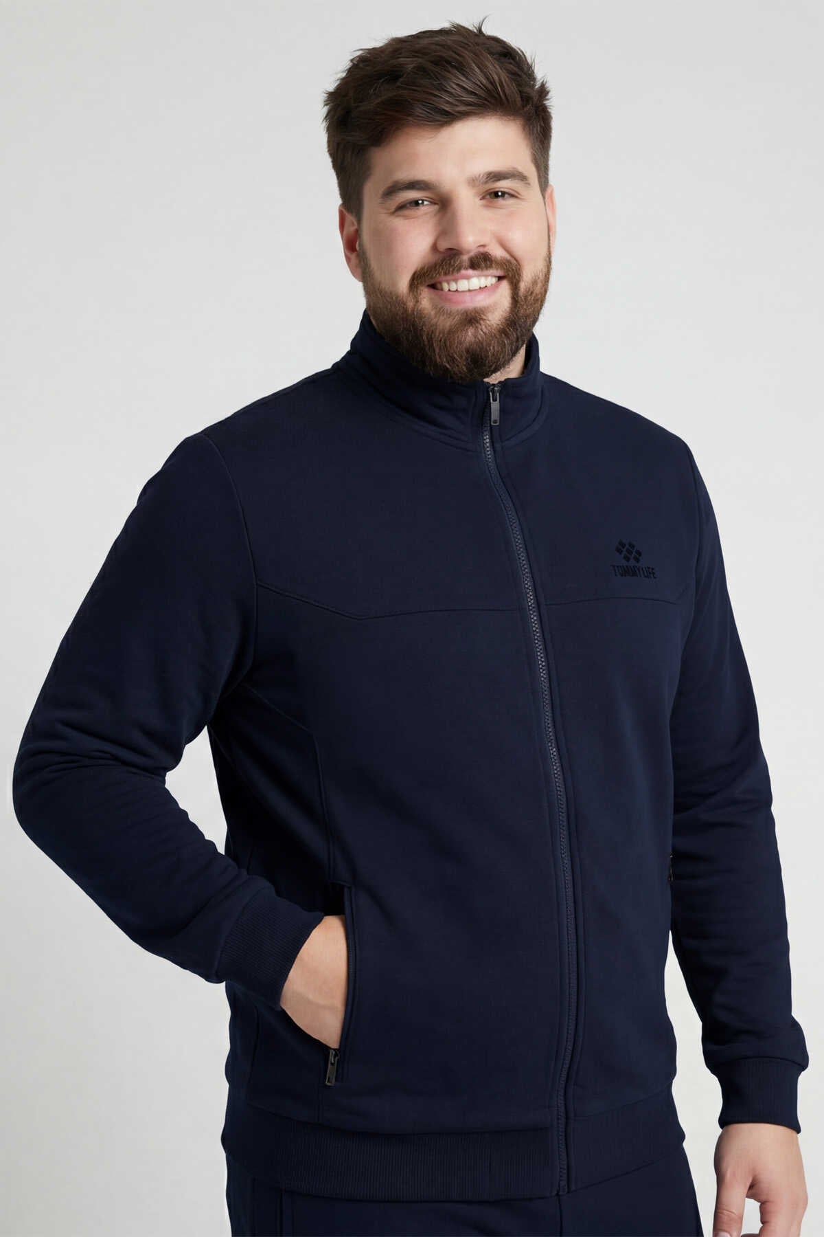 Tommylife Wholesale Gray Mélange - Black Stand-Up Collar Classic Leg Plus Size Men's Tracksuit Set - 85176