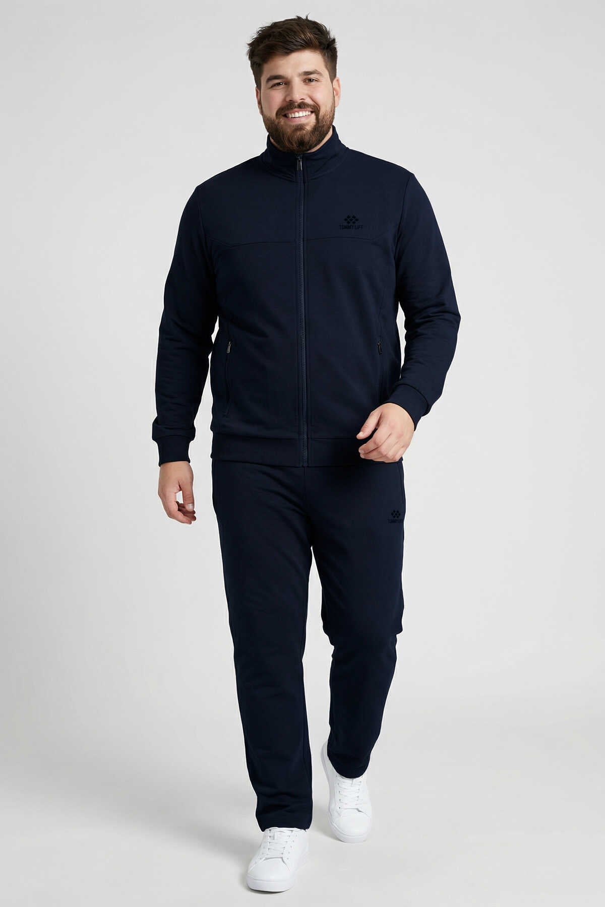 Tommylife Wholesale Gray Mélange - Black Stand-Up Collar Classic Leg Plus Size Men's Tracksuit Set - 85176