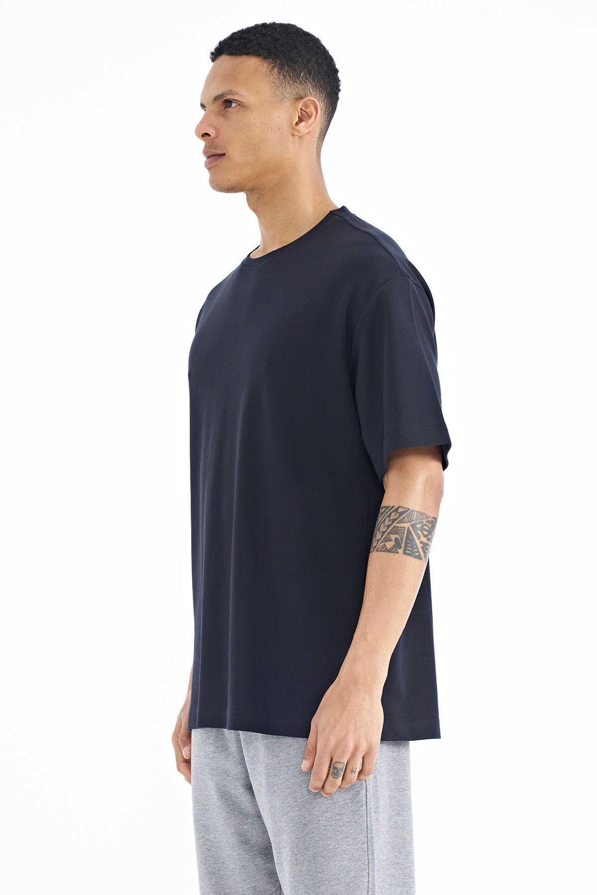 Tommylife Toptan Lacivert Kol Arma Detaylı Basic Oversize Erkek T-Shirt - 88193