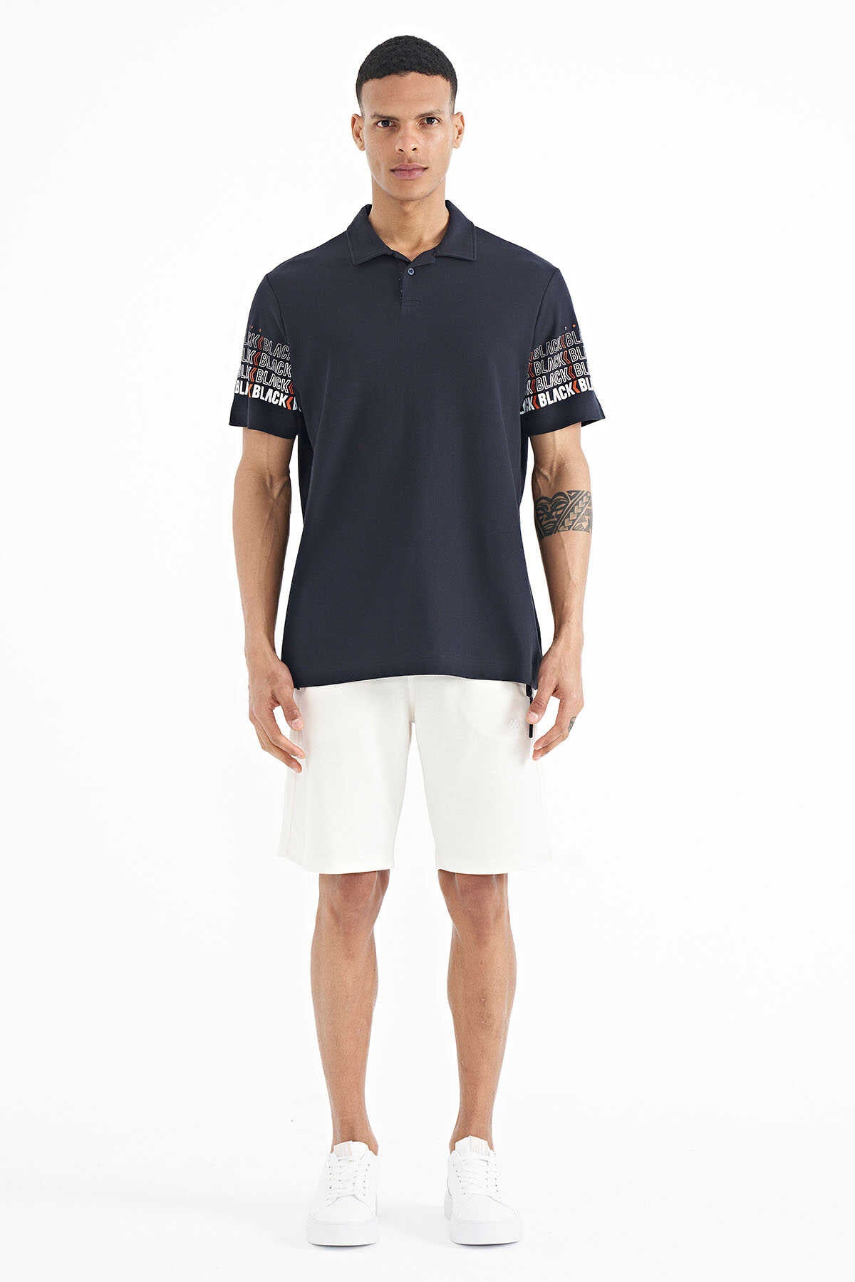 Tommylife Wholesale White Polo Neck Standard Fit Men's T-Shirt with Sleeve Print Detail - 88240