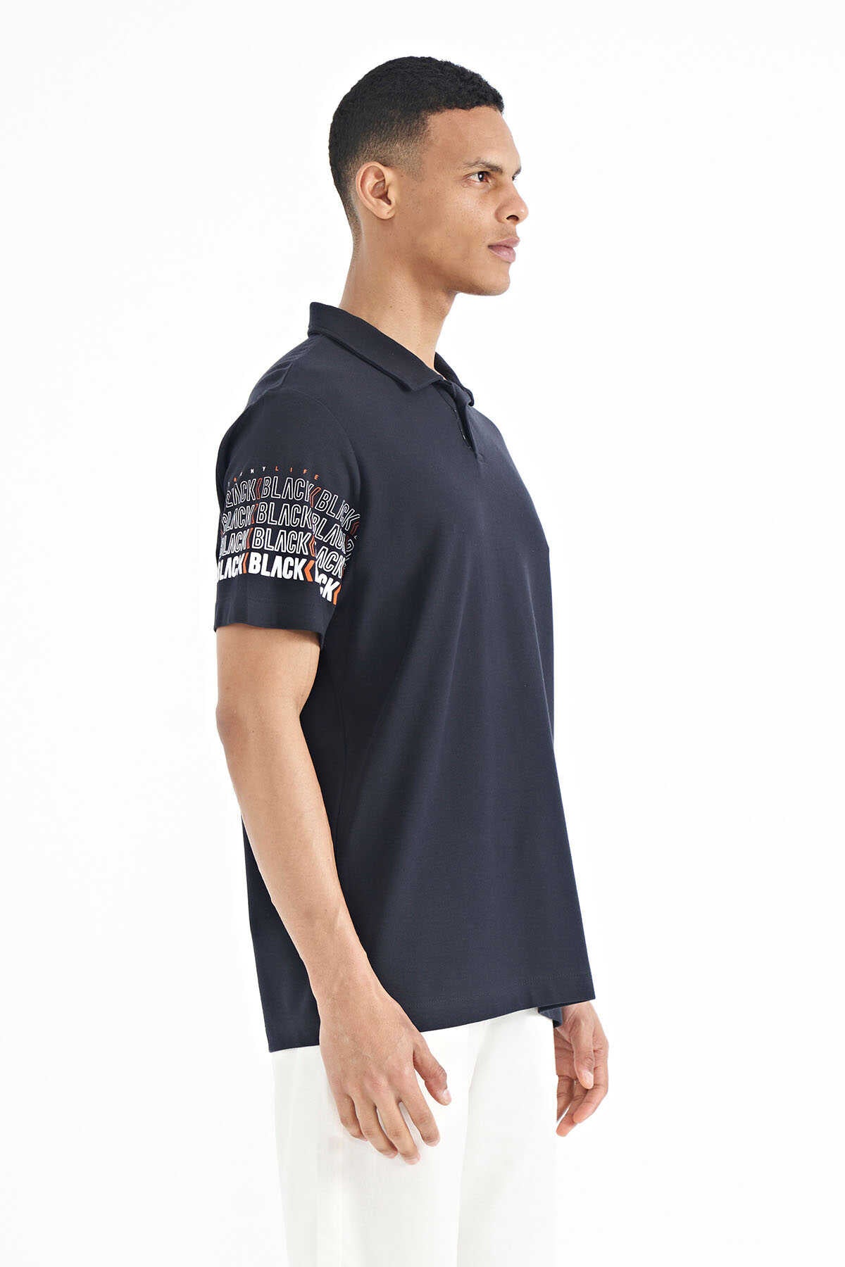 Tommylife Wholesale White Polo Neck Standard Fit Men's T-Shirt with Sleeve Print Detail - 88240