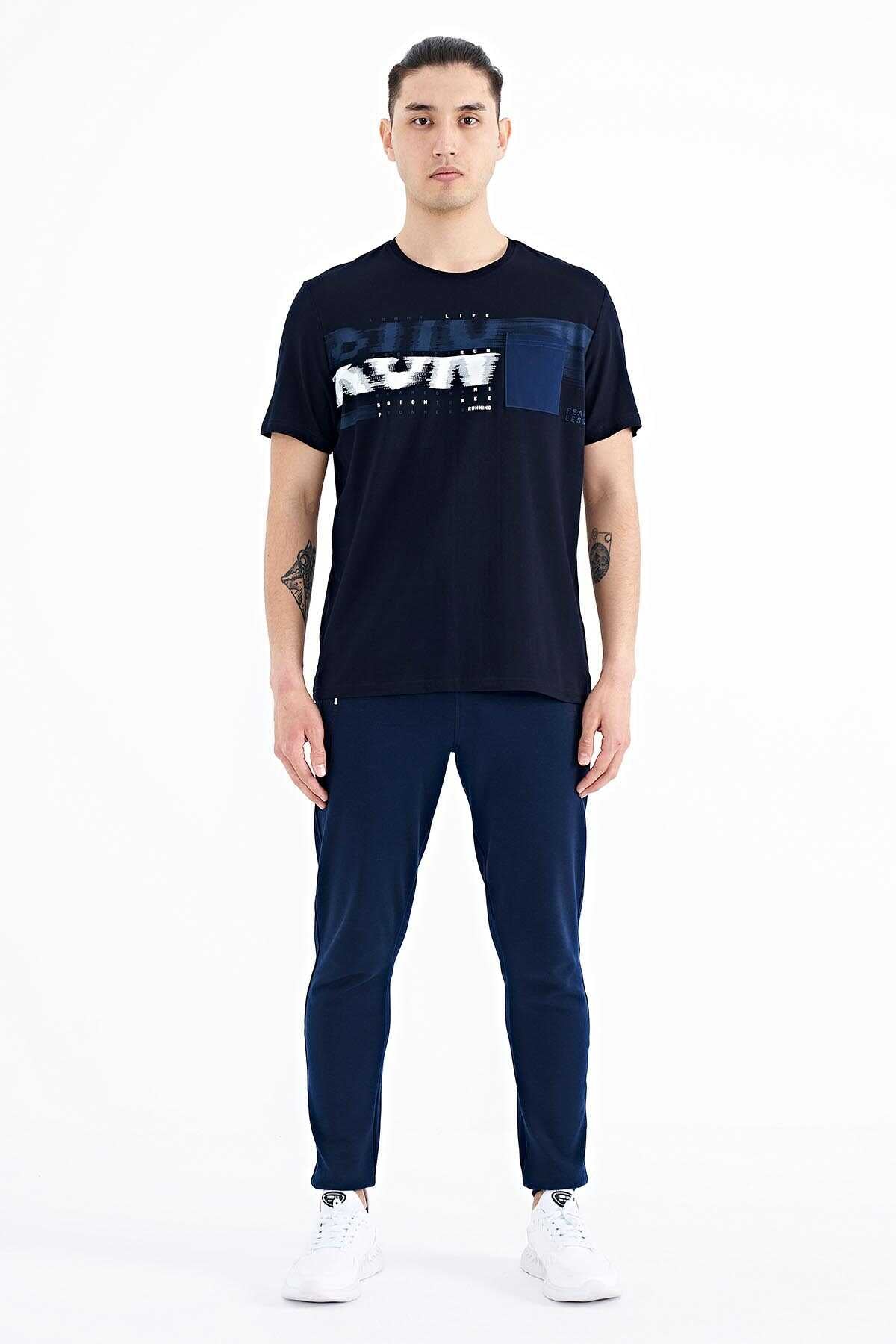 Tommylife Wholesale Navy Blue Printed Standard Fit Men's T-Shirt with Front Pocket Detail - 88200