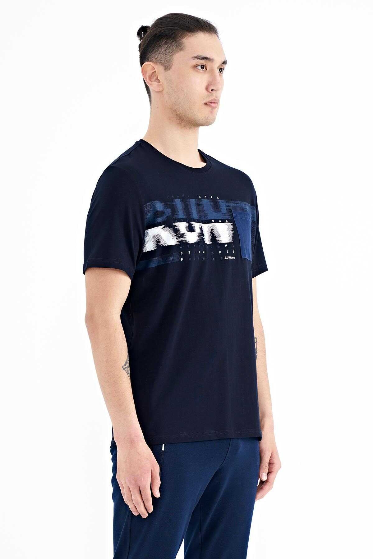 Tommylife Wholesale Navy Blue Printed Standard Fit Men's T-Shirt with Front Pocket Detail - 88200