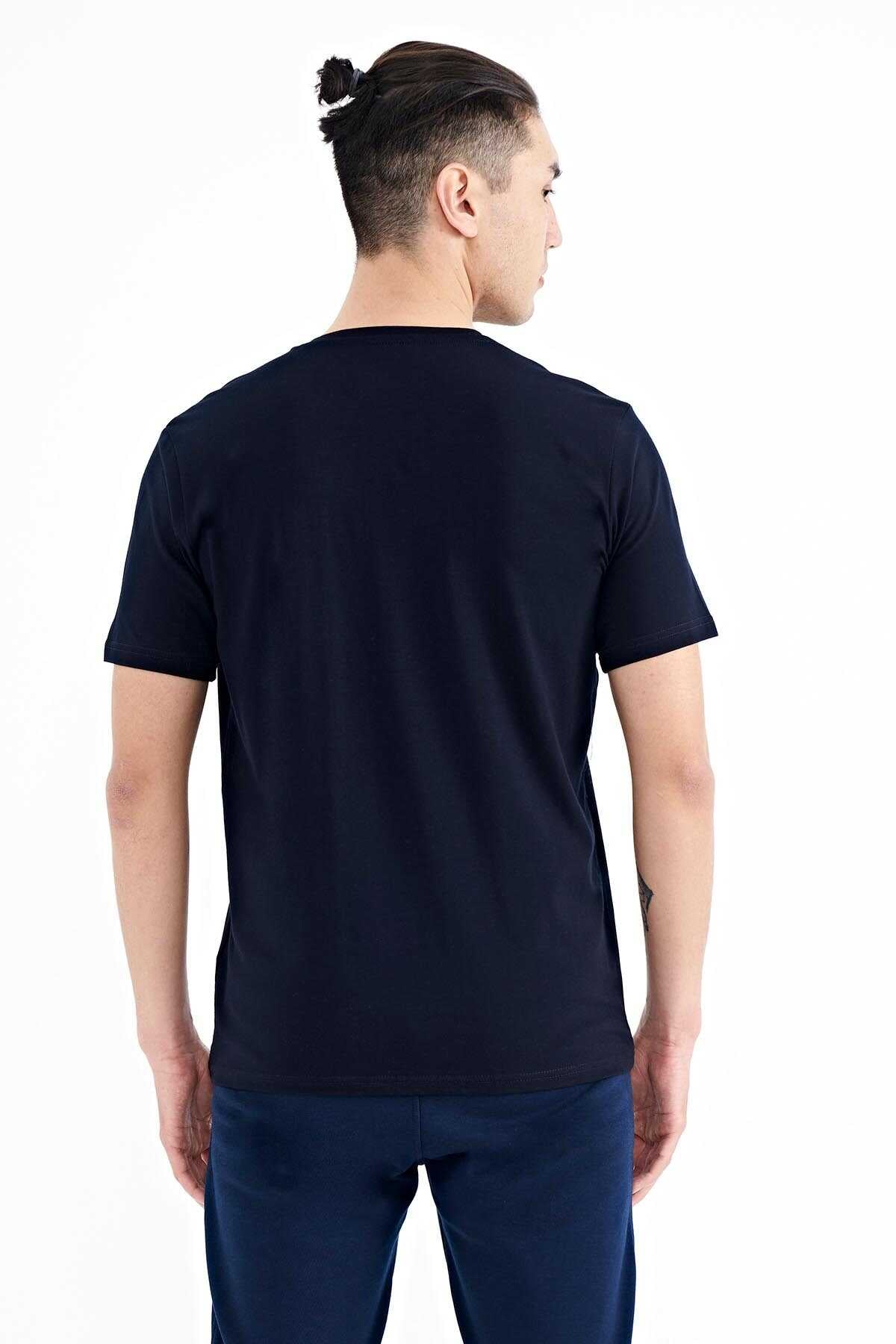 Tommylife Wholesale Navy Blue Printed Standard Fit Men's T-Shirt with Front Pocket Detail - 88200