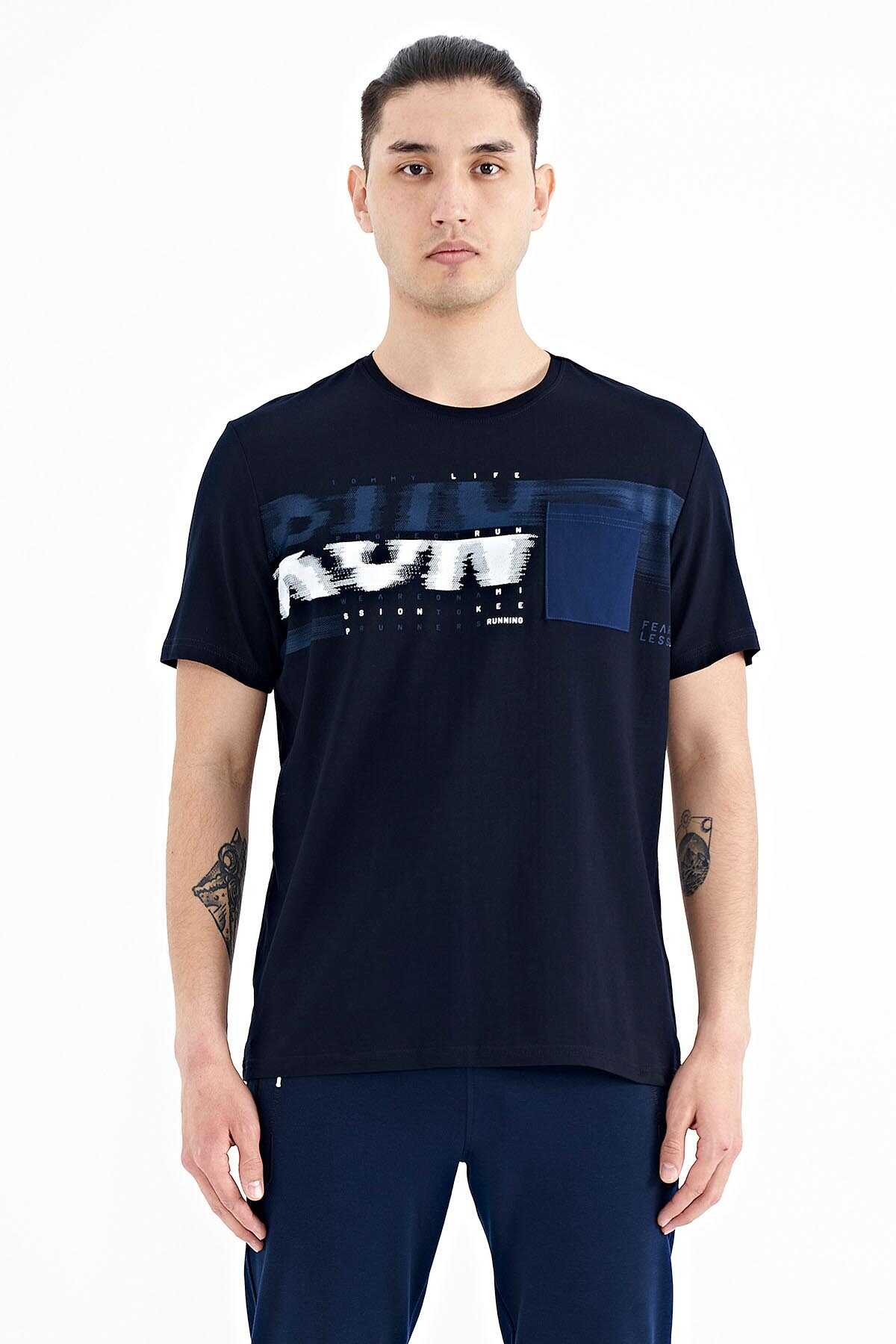 Tommylife Wholesale Navy Blue Printed Standard Fit Men's T-Shirt with Front Pocket Detail - 88200
