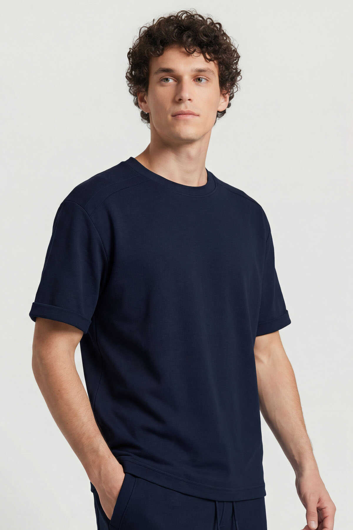 Tommylife Toptan Lacivert Oversize Fit Yumuşak Dokulu Basic Erkek Şort Takım - 85274