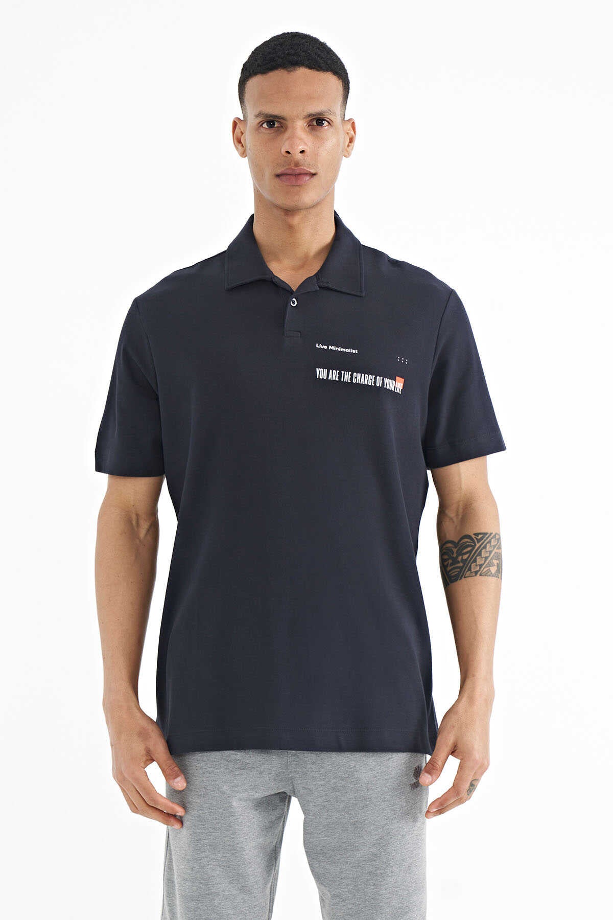 Tommylife Wholesale Navy Blue Letter Print Standard Fit Polo Collar Men's T-Shirt - 88236