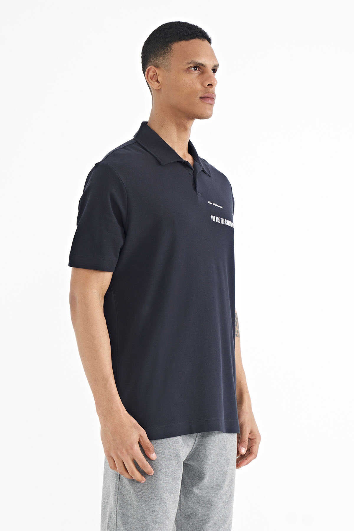 Tommylife Wholesale Navy Blue Letter Print Standard Fit Polo Collar Men's T-Shirt - 88236