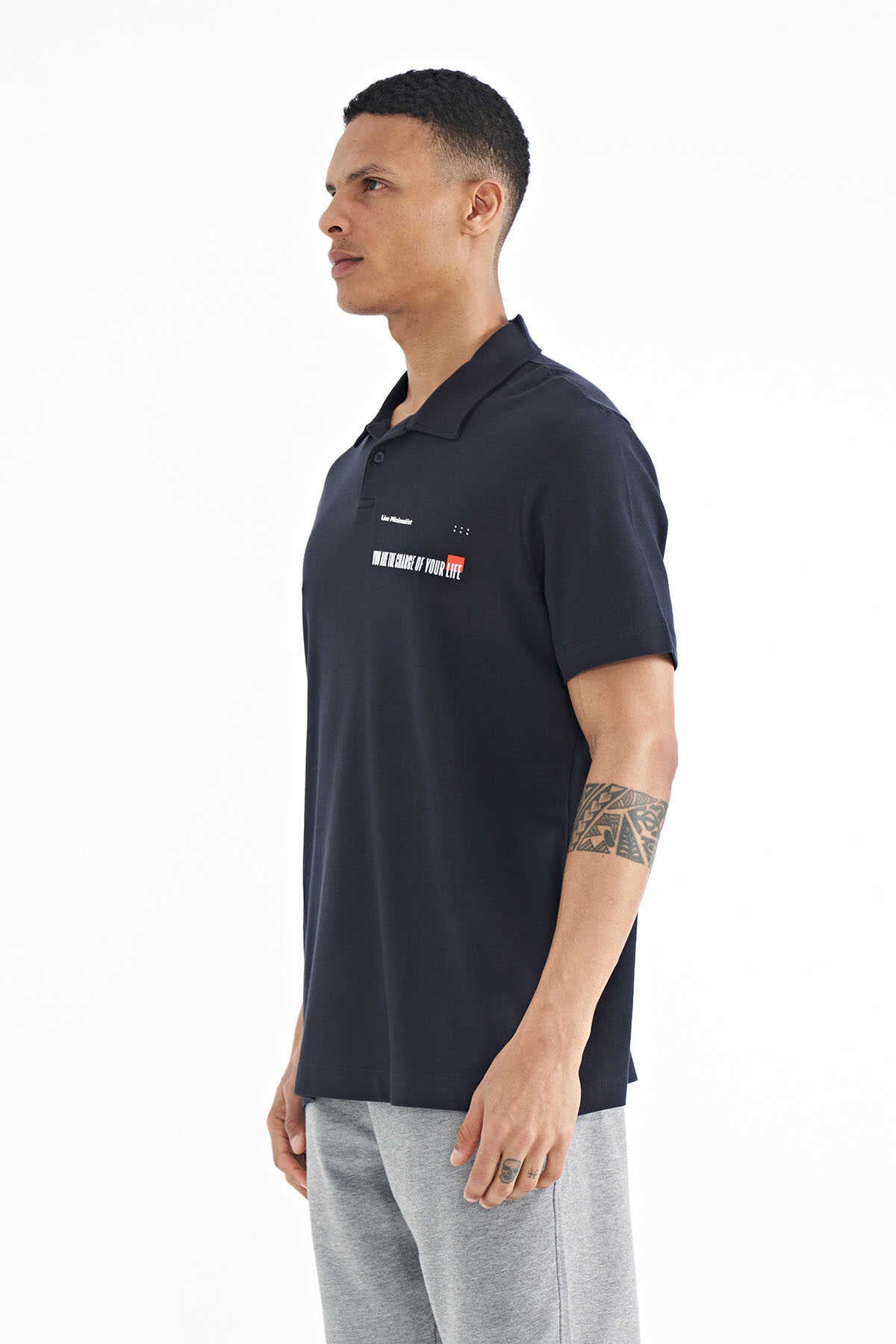 Tommylife Wholesale Navy Blue Letter Print Standard Fit Polo Collar Men's T-Shirt - 88236