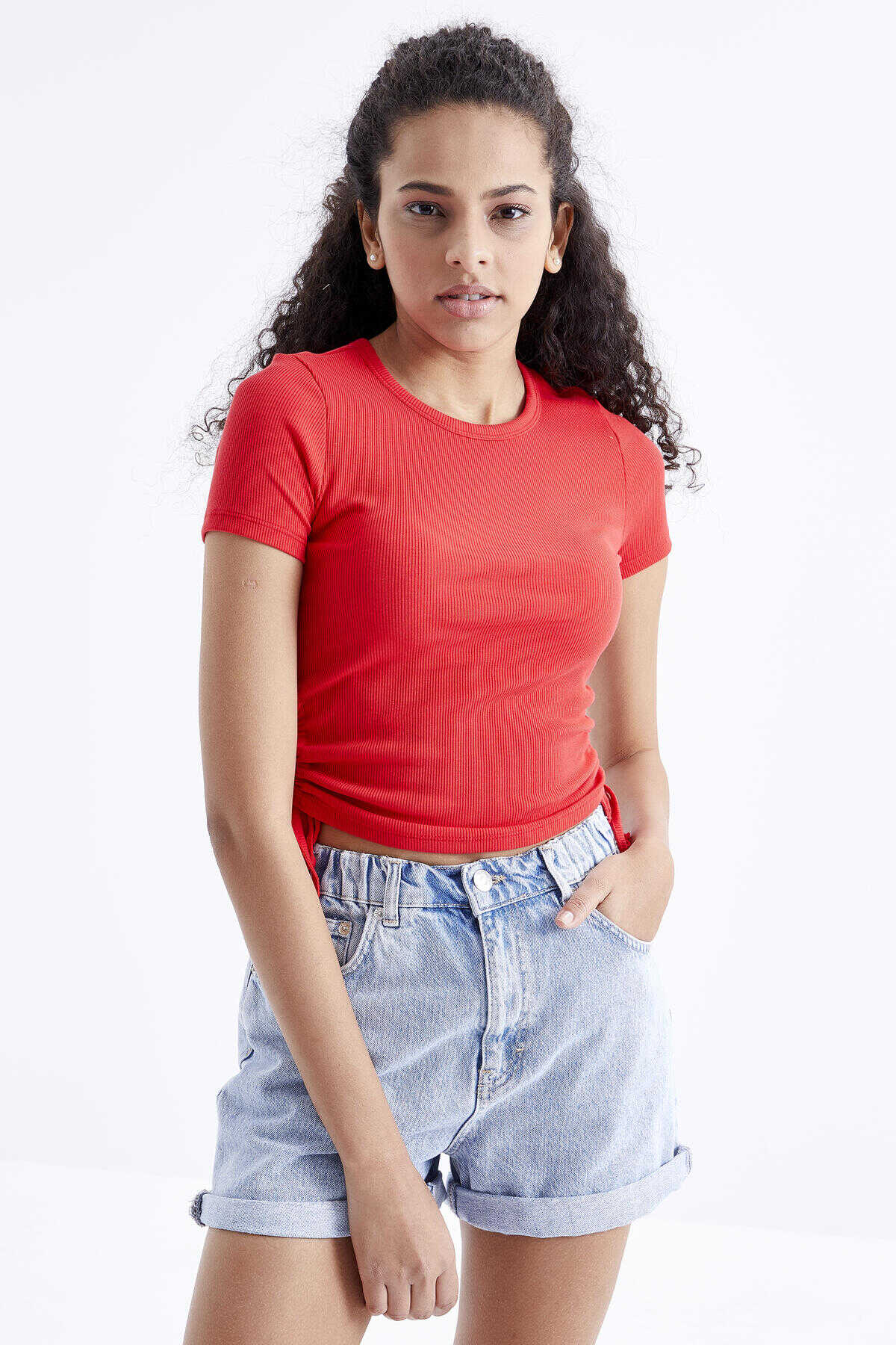 Tommylife Toptan Kavuniçi Basic Yanı Büzgülü O Yaka Kadın Crop Top T-Shirt - 97203