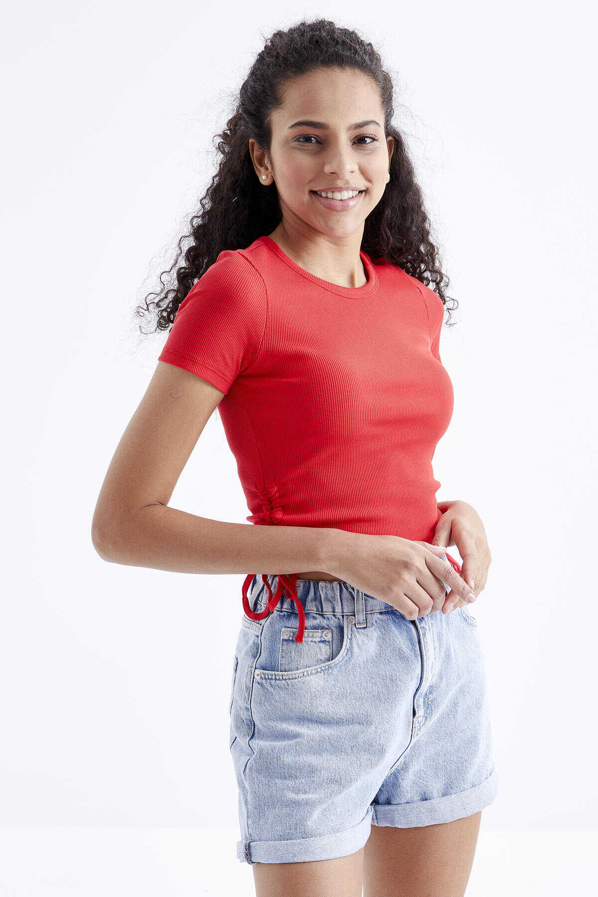 Tommylife Toptan Kavuniçi Basic Yanı Büzgülü O Yaka Kadın Crop Top T-Shirt - 97203