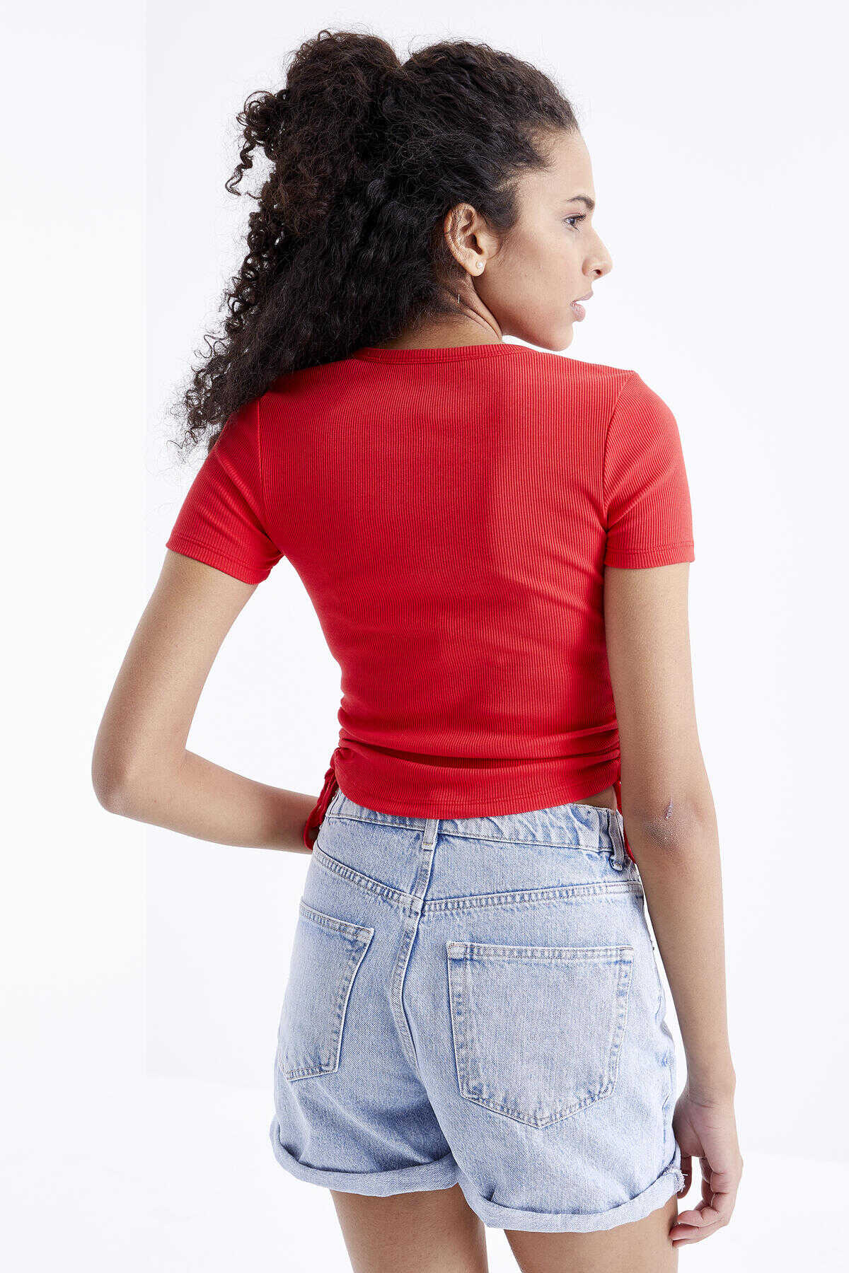 Tommylife Toptan Kavuniçi Basic Yanı Büzgülü O Yaka Kadın Crop Top T-Shirt - 97203