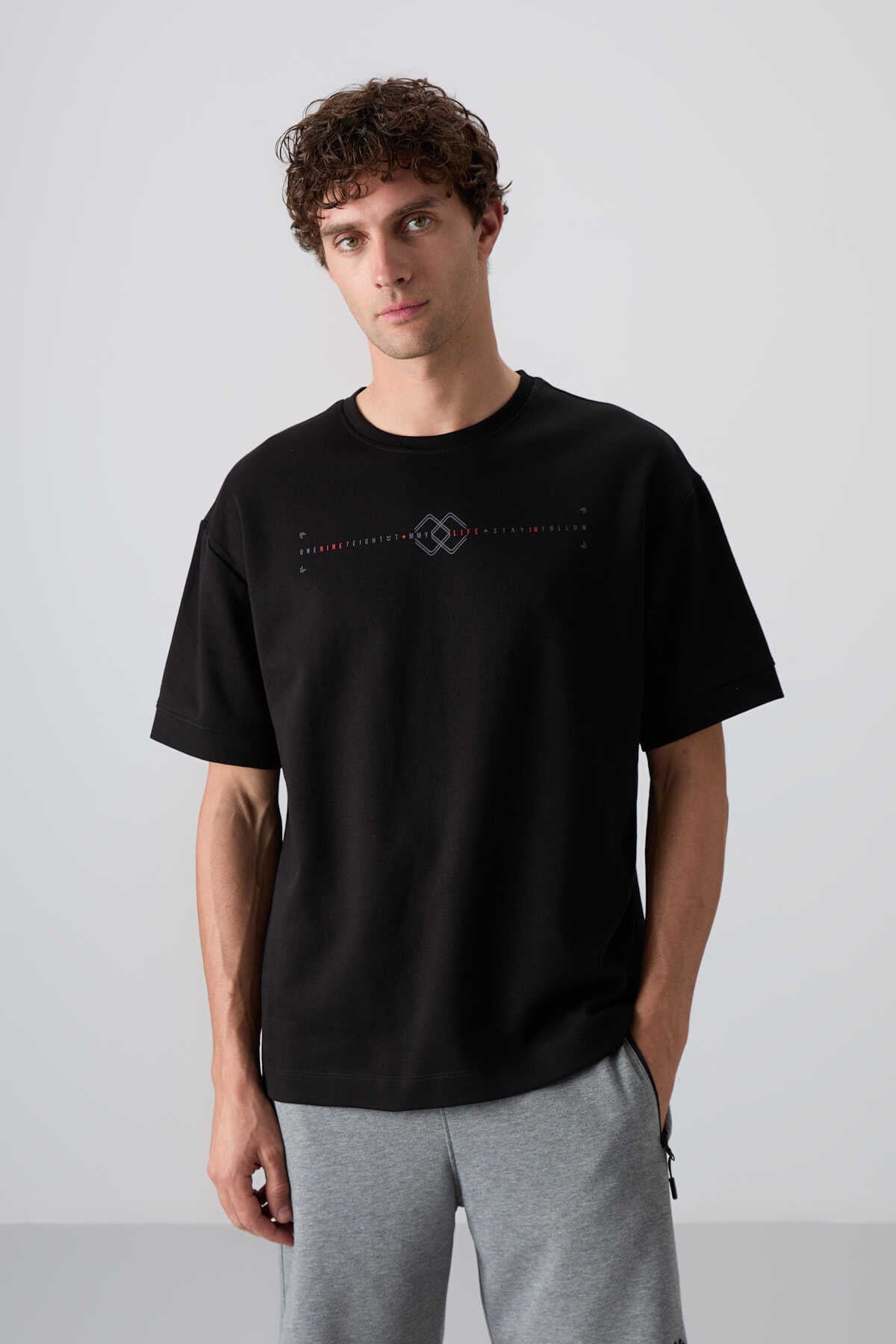 Tommylife Wholesale Crew Neck Oversize Printed Men's T-Shirt 88323 Black