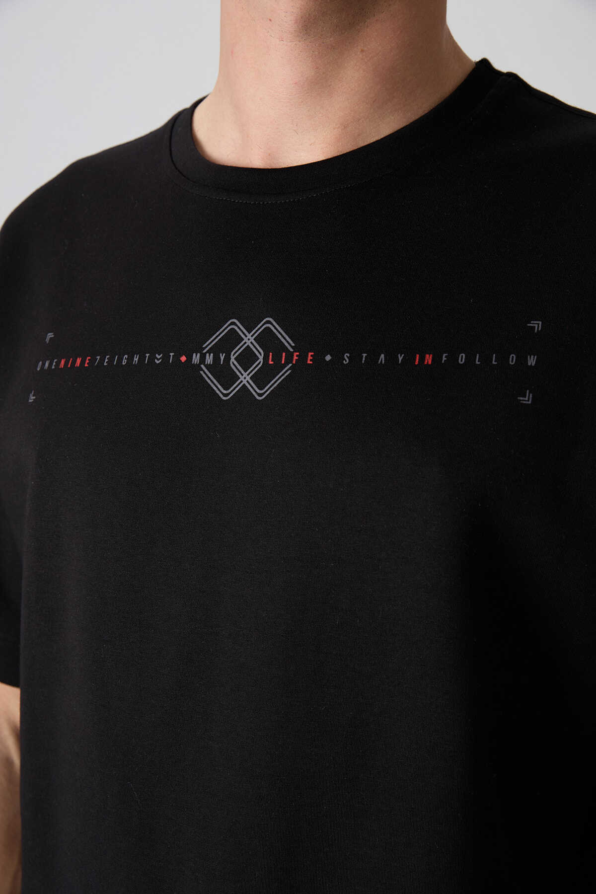 Tommylife Wholesale Crew Neck Oversize Printed Men's T-Shirt 88323 Black