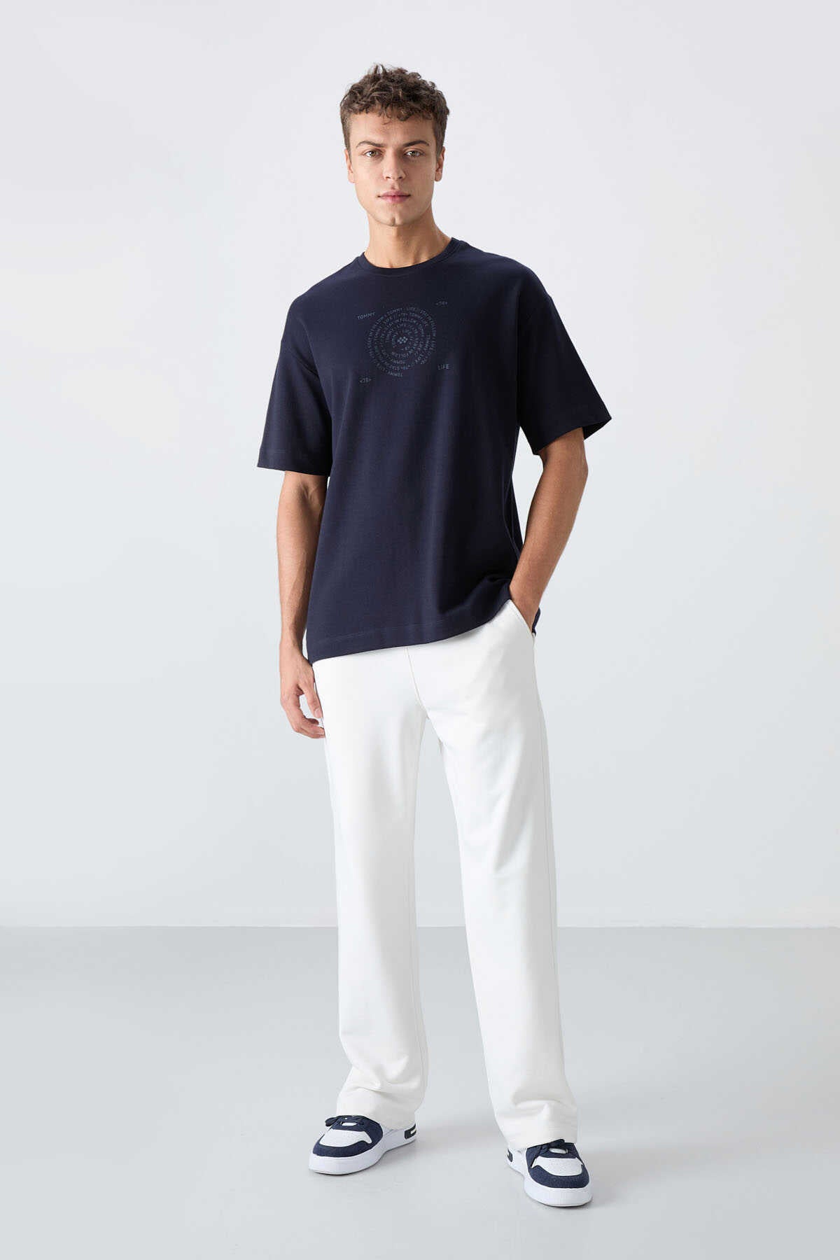 Tommylife Wholesale Crew Neck Oversize Printed Men's T-Shirt 88324 Navy