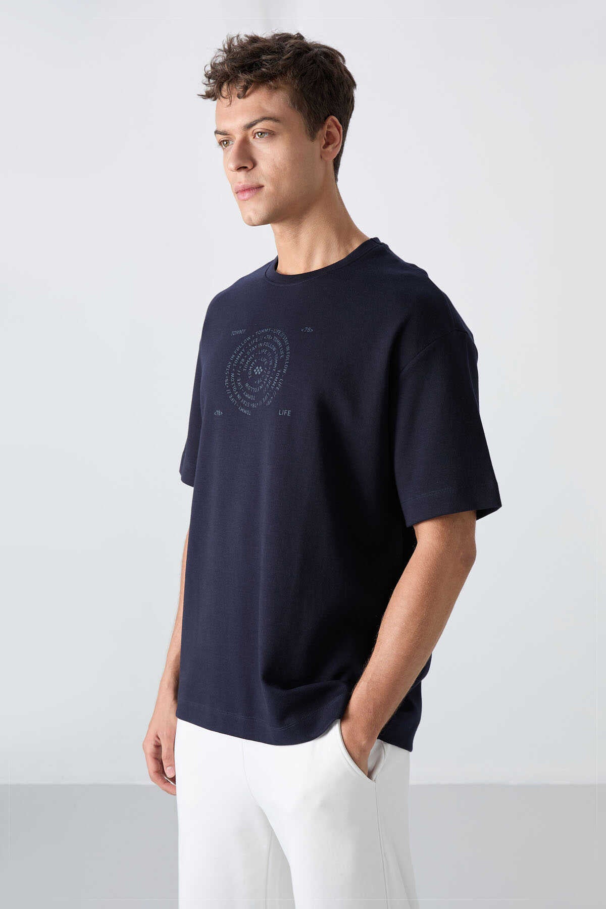 Tommylife Wholesale Crew Neck Oversize Printed Men's T-Shirt 88324 Navy
