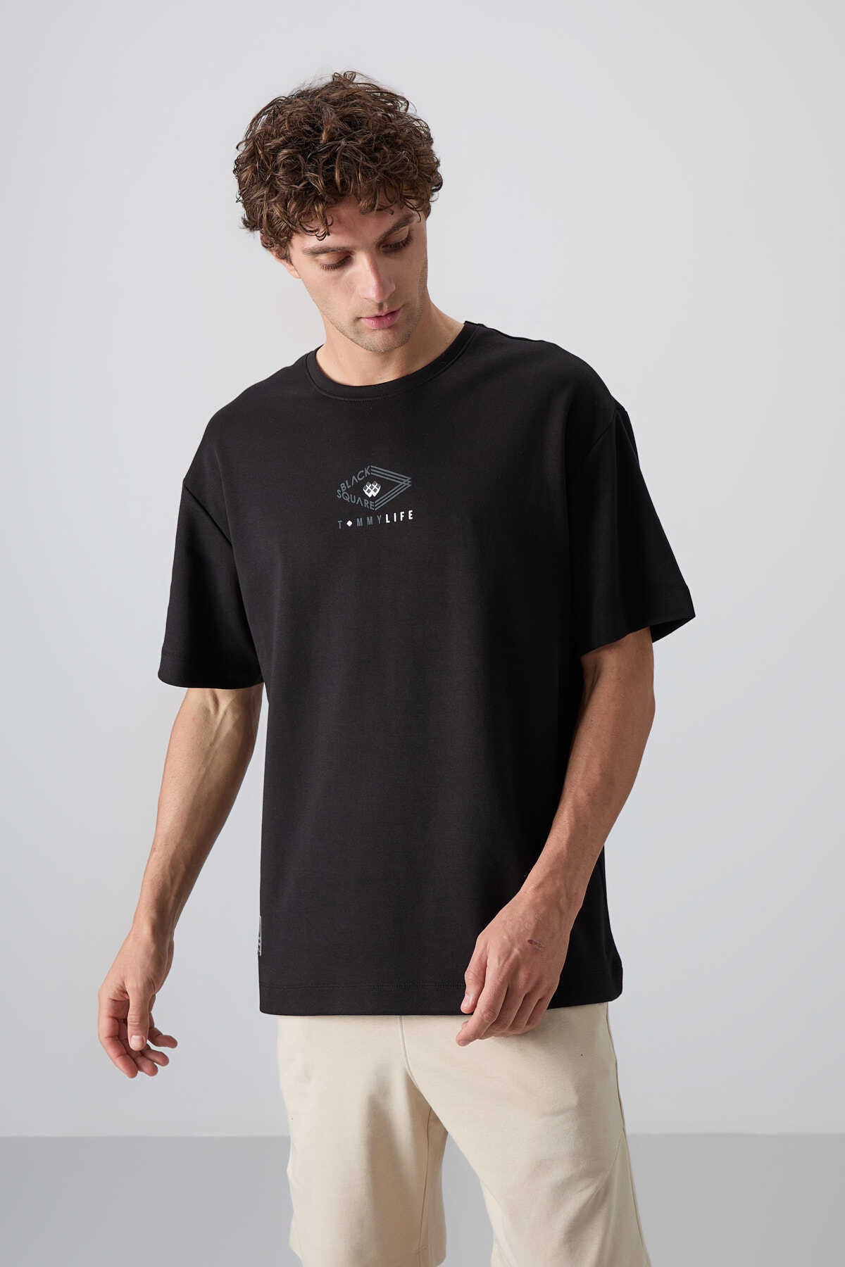 Tommylife Wholesale Crew Neck Oversize Printed Men's T-Shirt 88325 Black