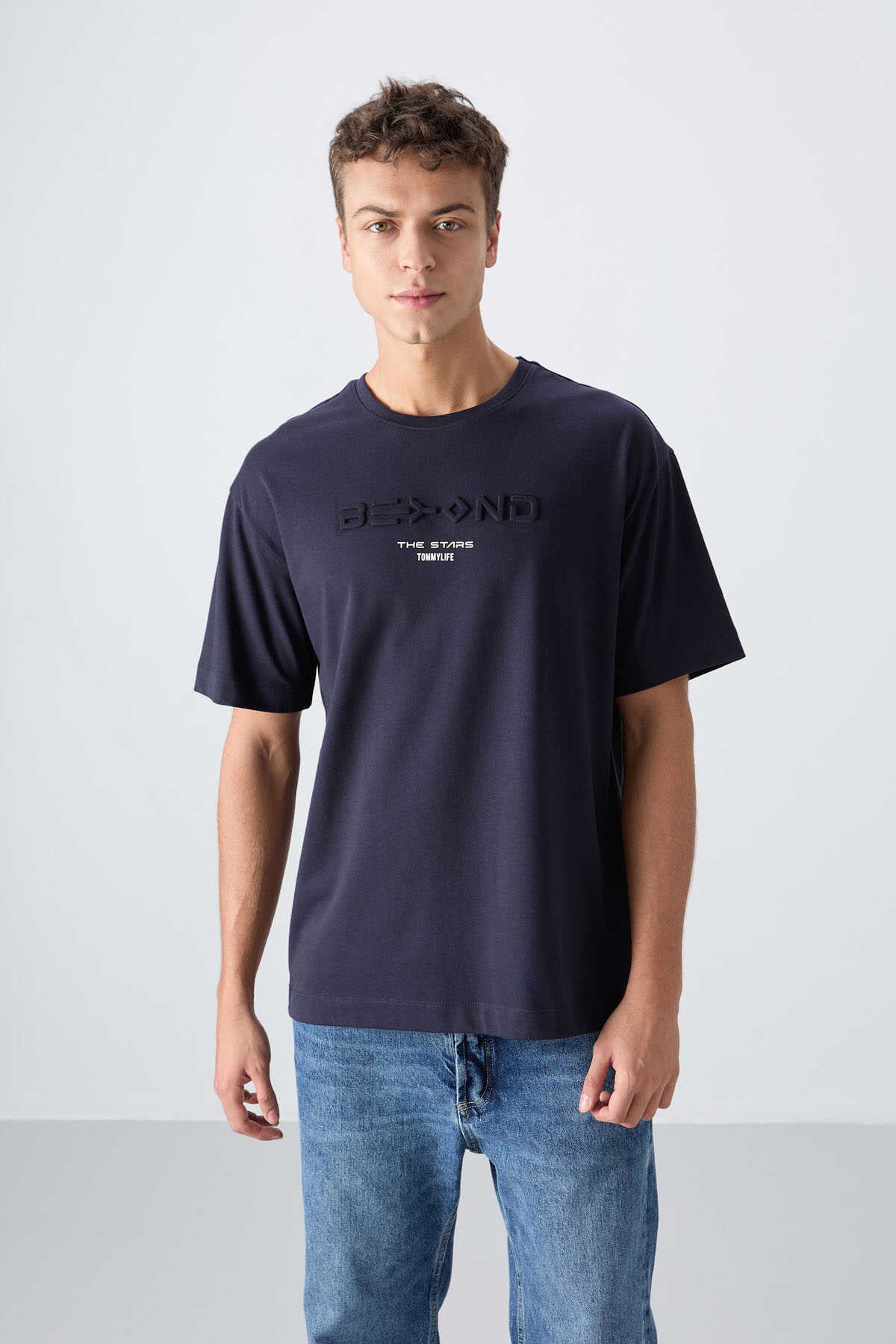 Tommylife Wholesale Crew Neck Oversize Printed Men's T-Shirt 88328 Navy