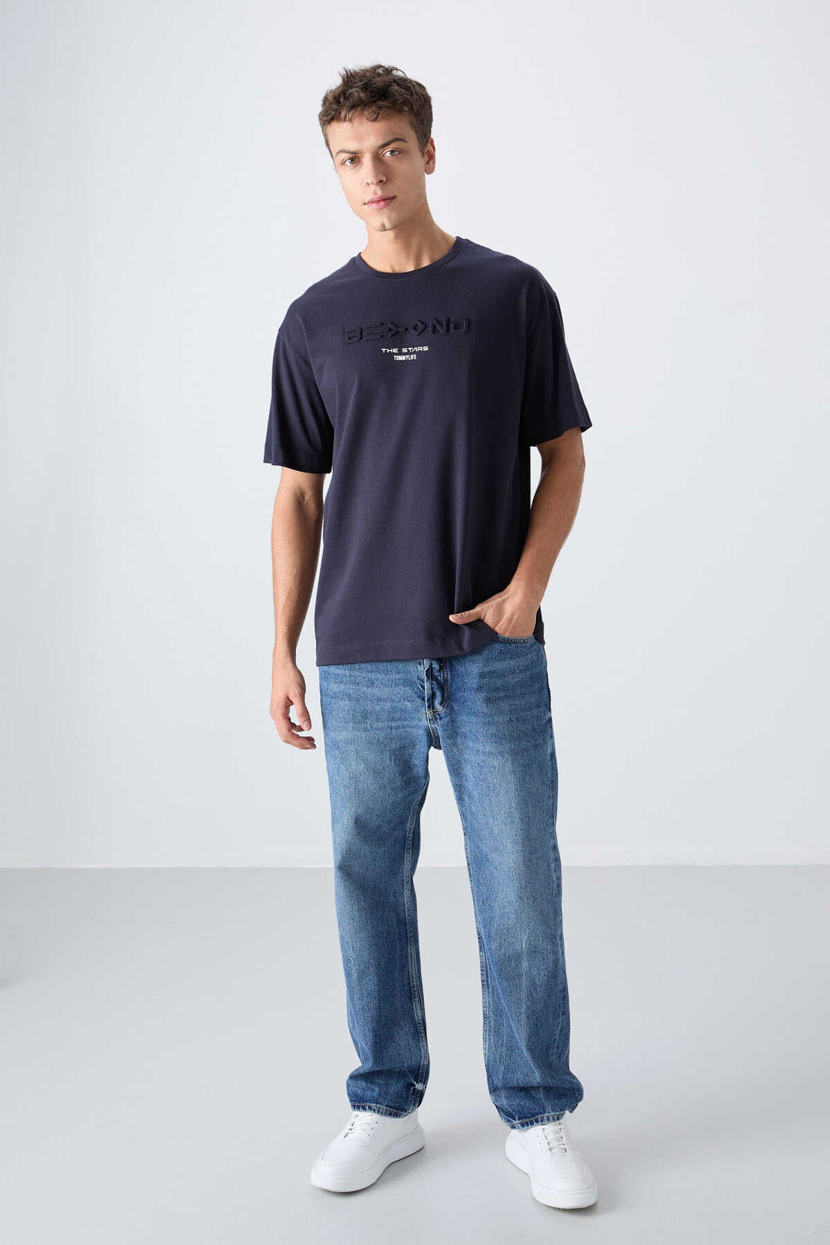 Tommylife Wholesale Crew Neck Oversize Printed Men's T-Shirt 88328 Navy