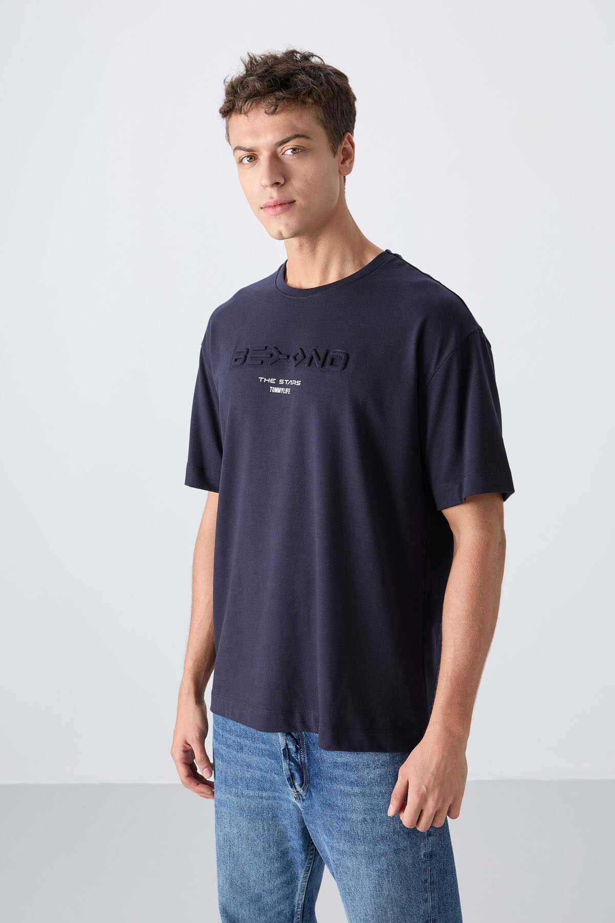 Tommylife Wholesale Crew Neck Oversize Printed Men's T-Shirt 88328 Navy