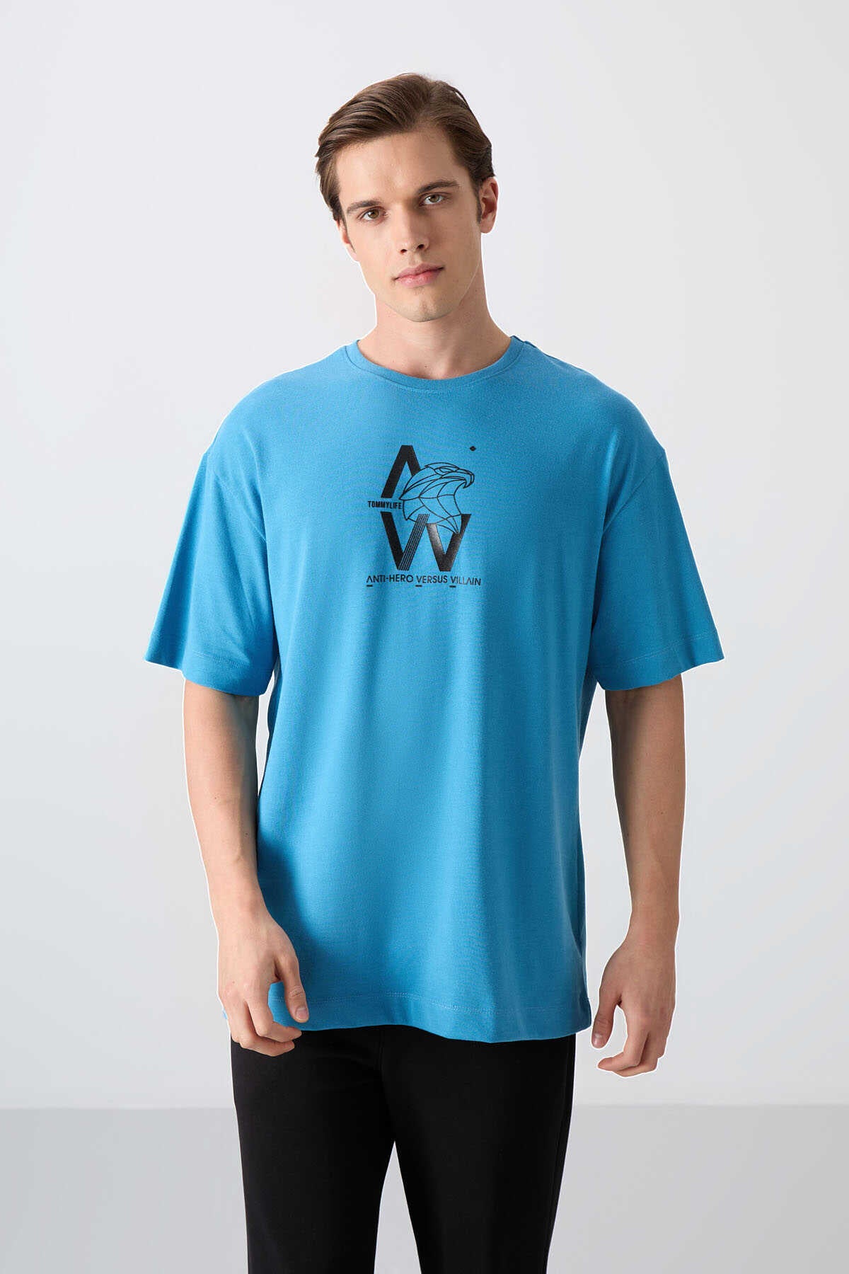 Tommylife Wholesale Crew Neck Oversize Printed Men's T-Shirt 88332 Petroleum Blue