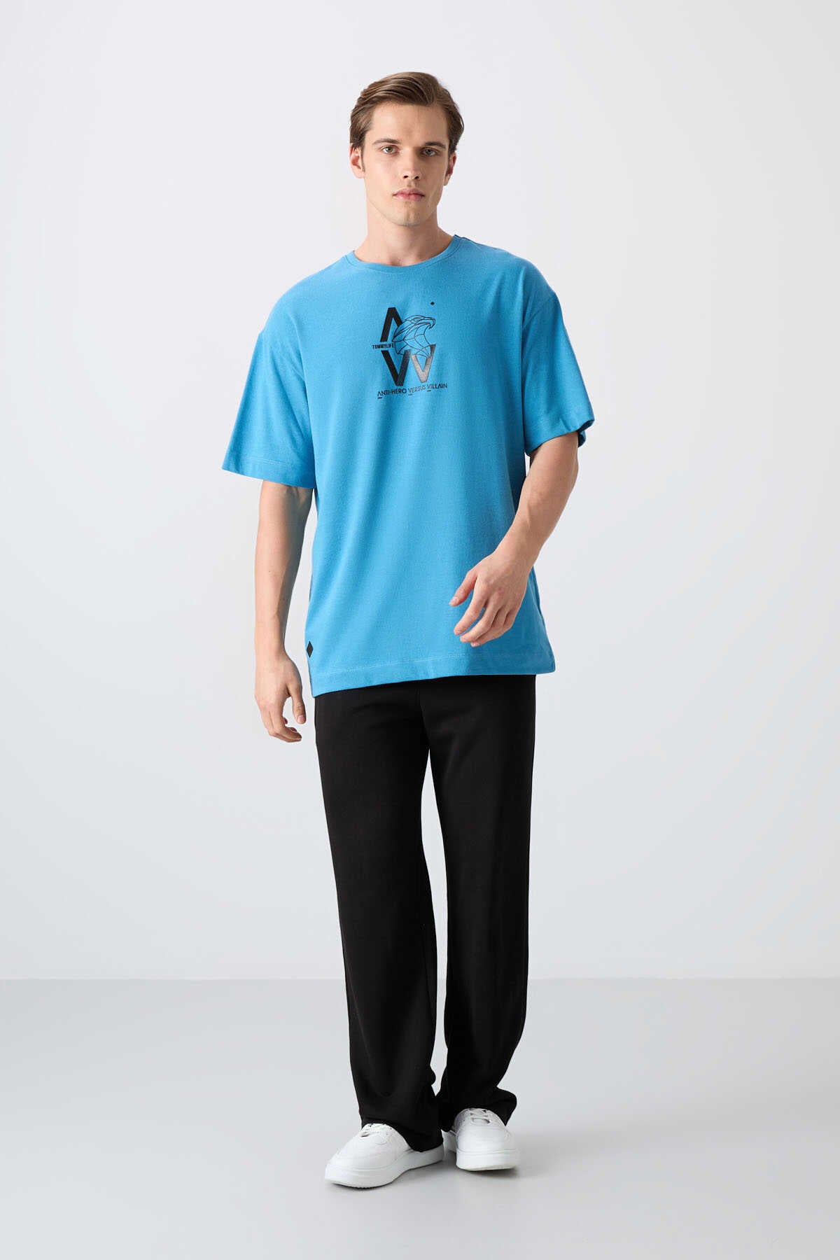 Tommylife Wholesale Crew Neck Oversize Printed Men's T-Shirt 88332 Petroleum Blue